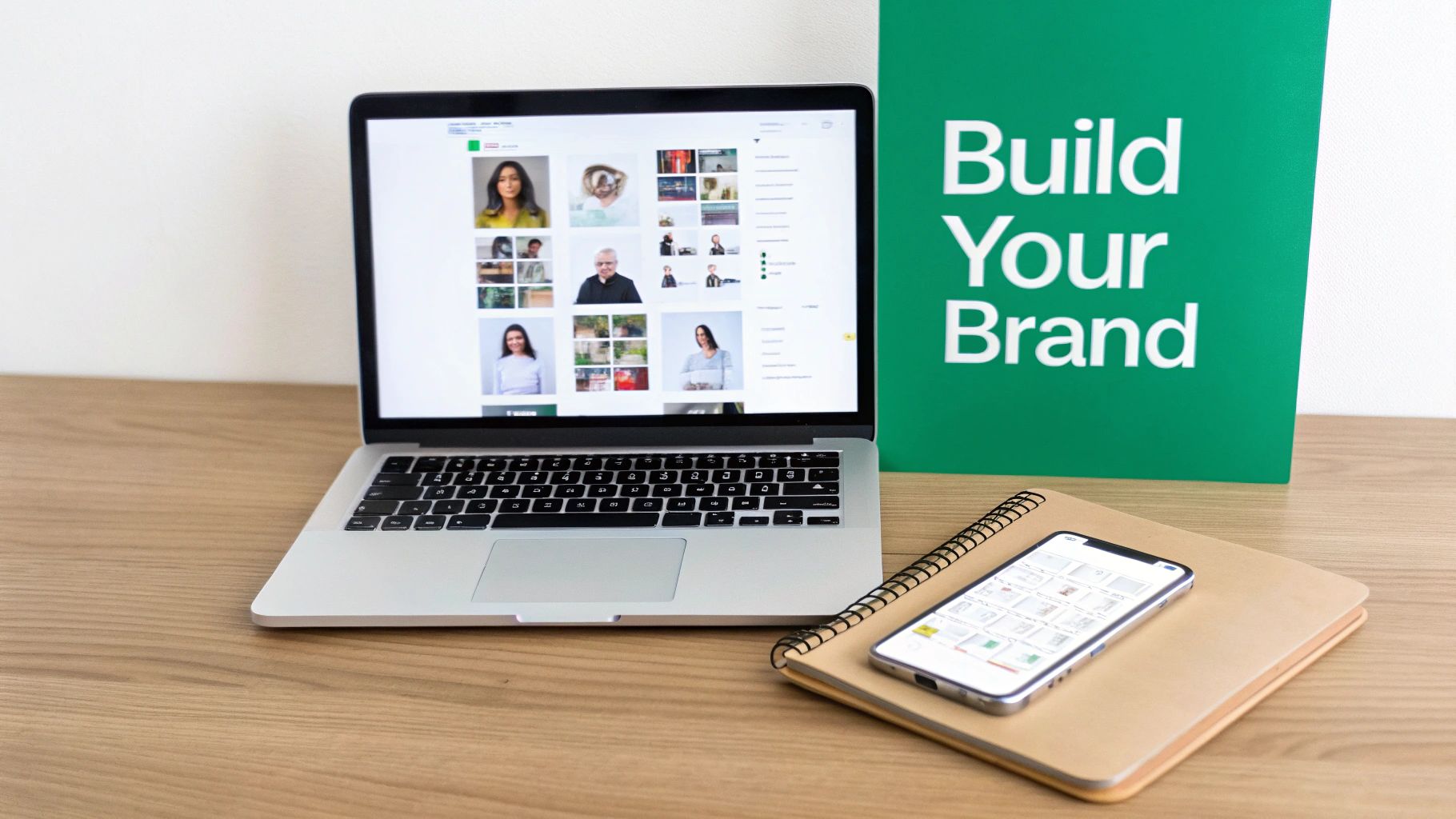 A laptop, smartphone, and a green 'Build Your Brand' board on a wooden desk.