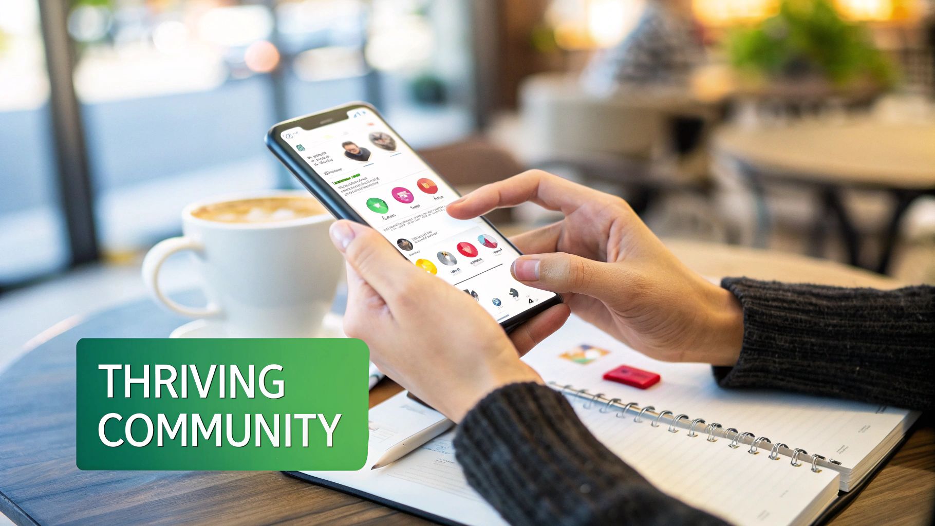 Hands hold a smartphone displaying a social app with profile pictures and icons, alongside a coffee and notebook, with 'Thriving Community' text.