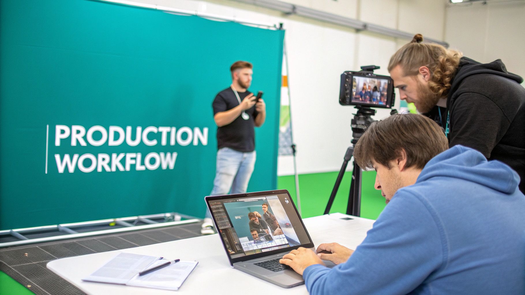 Three men working on a video production, one on a laptop, another with a camera, and a speaker on a green screen.
