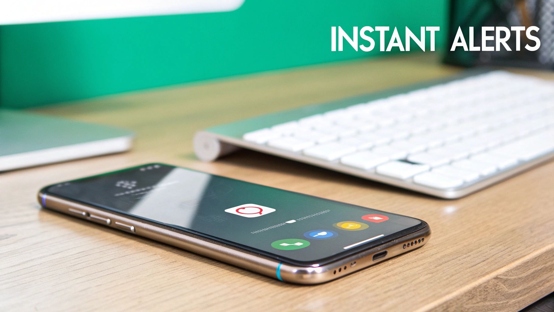 Smartphone on a wooden desk displaying a call screen with app icons, advertising instant alerts.