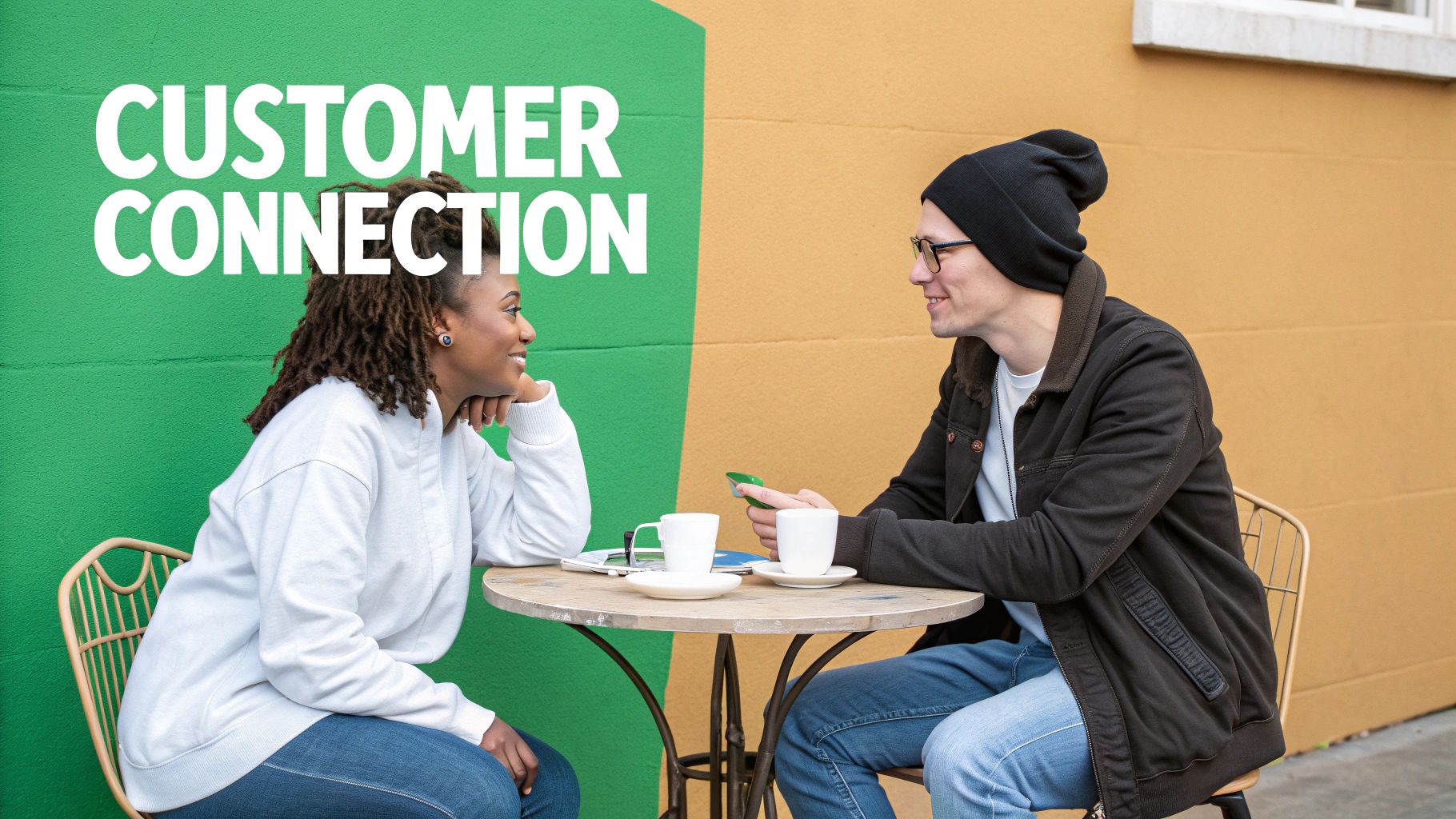 Two people connect at an outdoor table with coffee, illustrating customer connection.