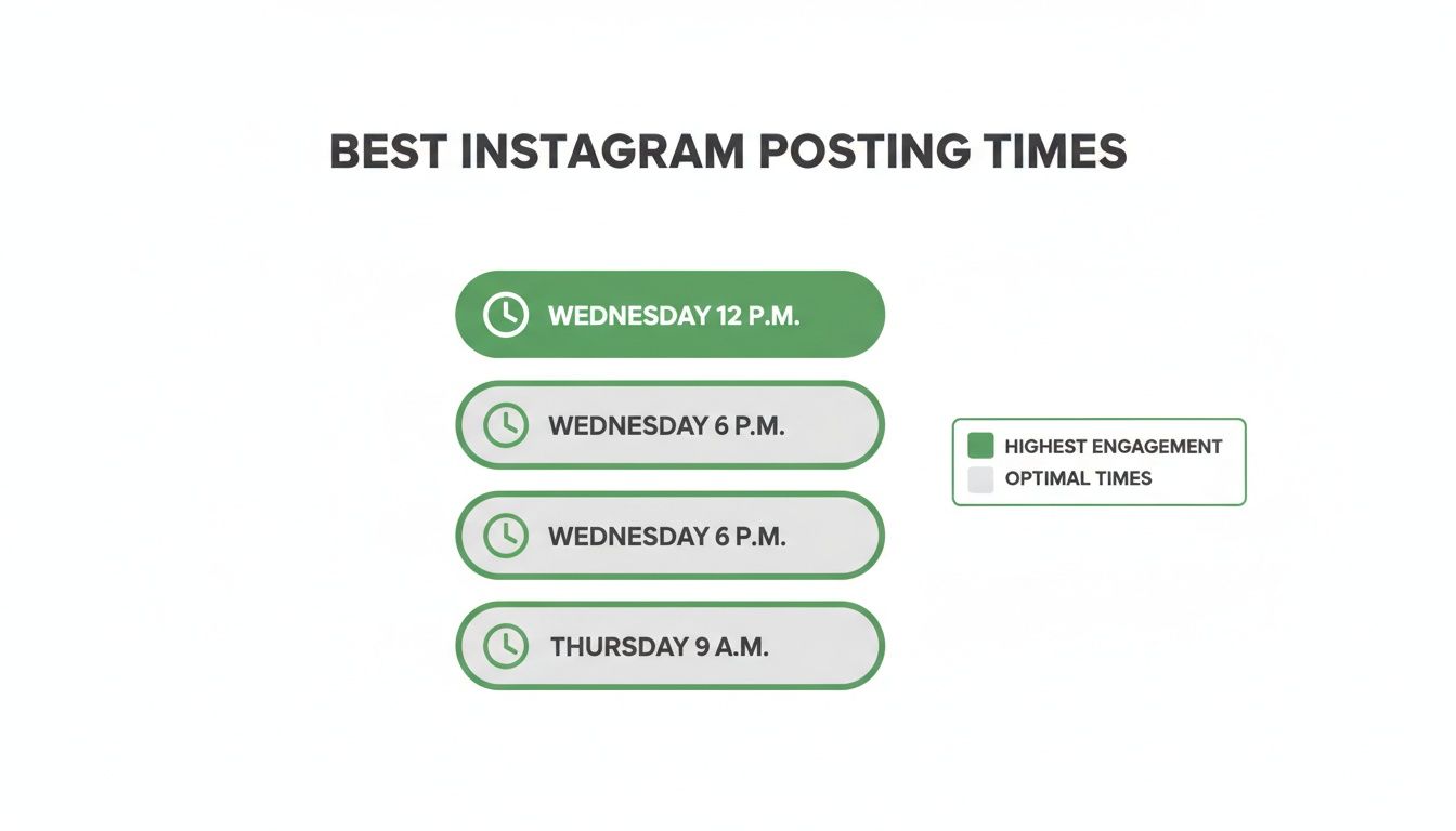 Infographic showing best Instagram posting times, with Wednesday at 12 PM highlighted for highest engagement.