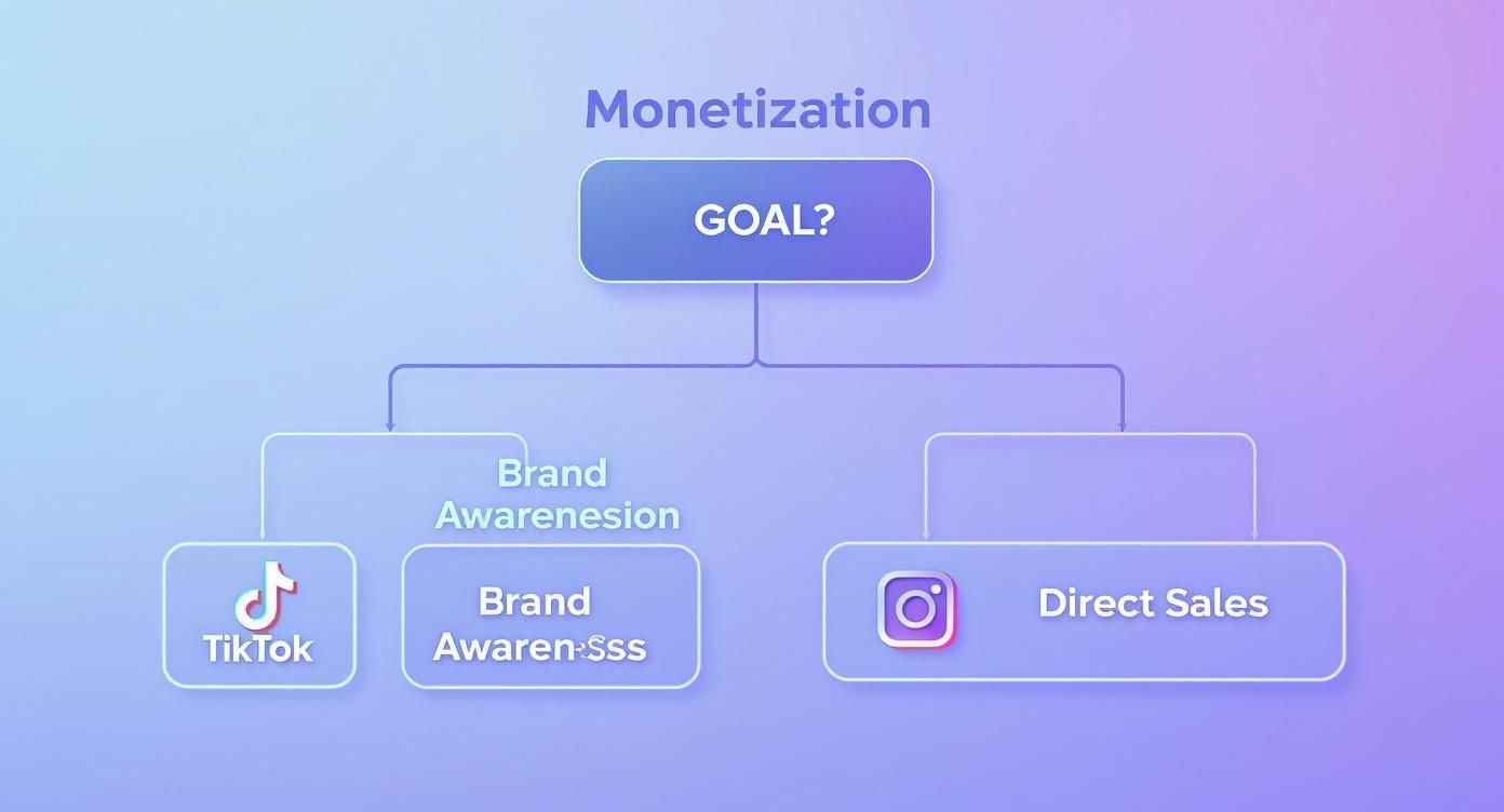 Flowchart showing monetization goals: TikTok for brand awareness and Instagram for direct sales strategy.