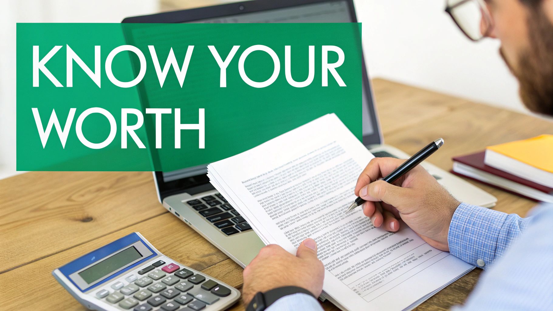 A person reviews documents at a desk with a laptop, calculator, and a 'KNOW YOUR WORTH' banner.