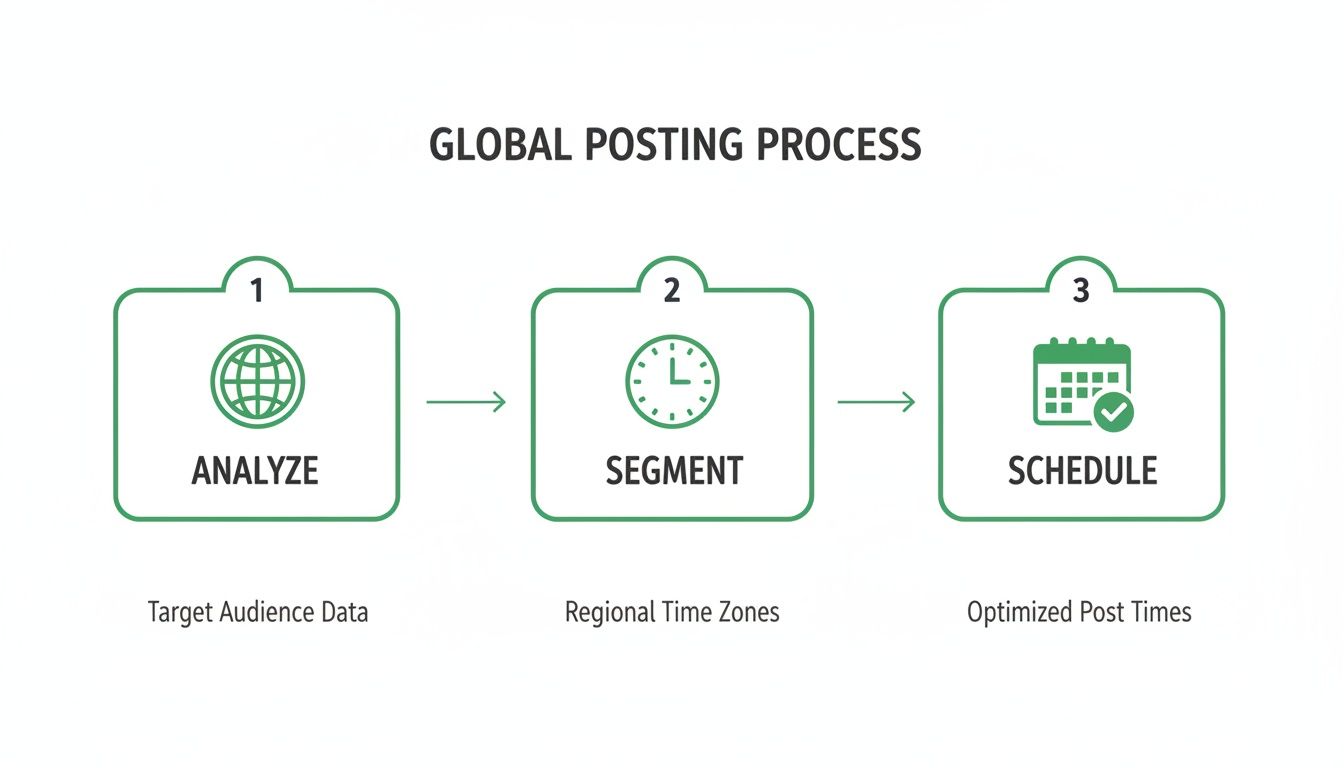 A diagram outlining a global posting process: Analyze target audience data, Segment by regional time zones, and Schedule optimized post times.