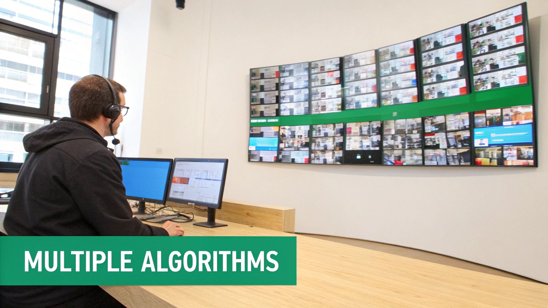 A man in a headset monitors multiple screens in a modern control room with a large video wall.