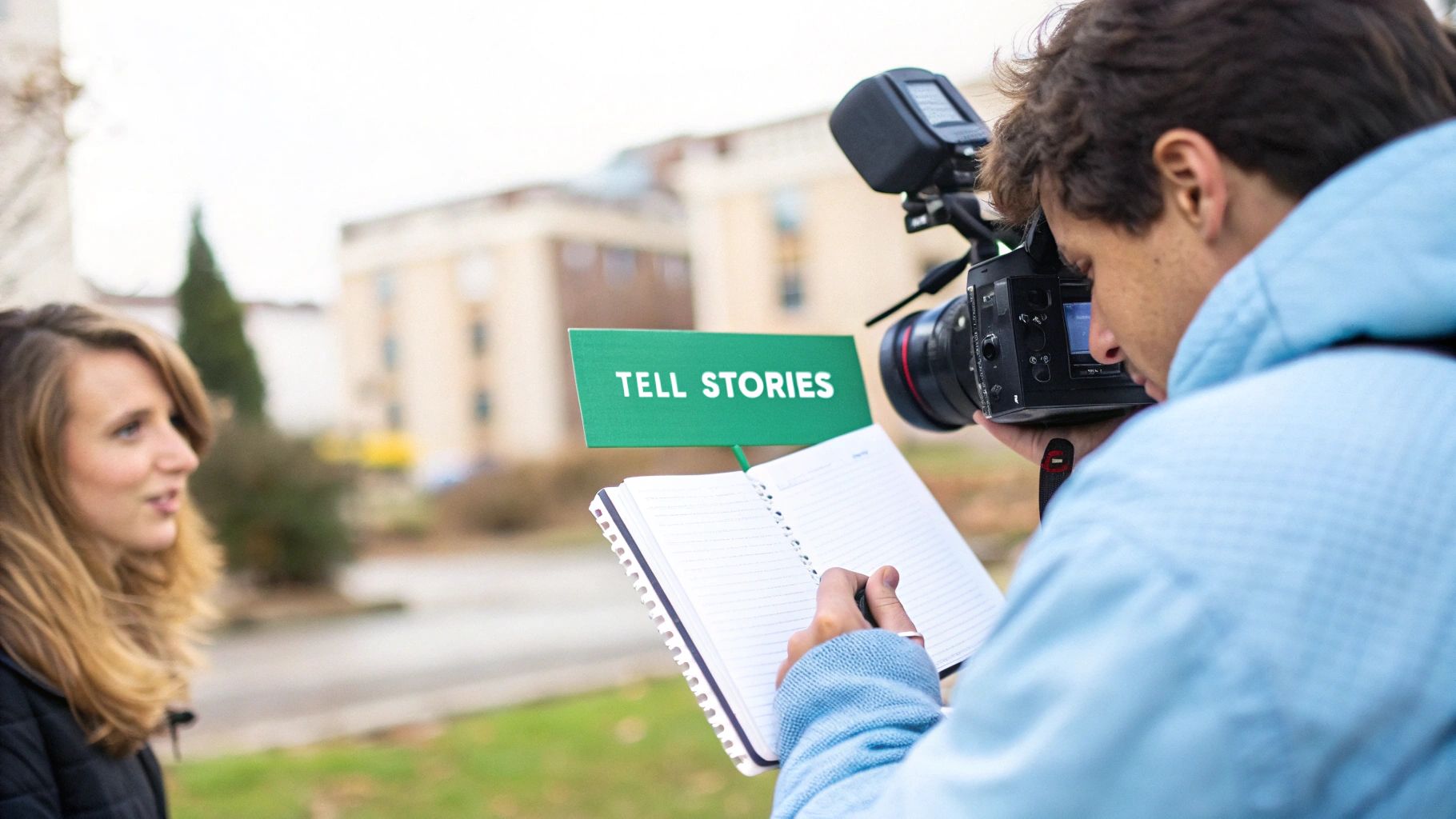 A man films a woman outdoors, holding a camera and a notebook, with a 'TELL STORIES' sign.
