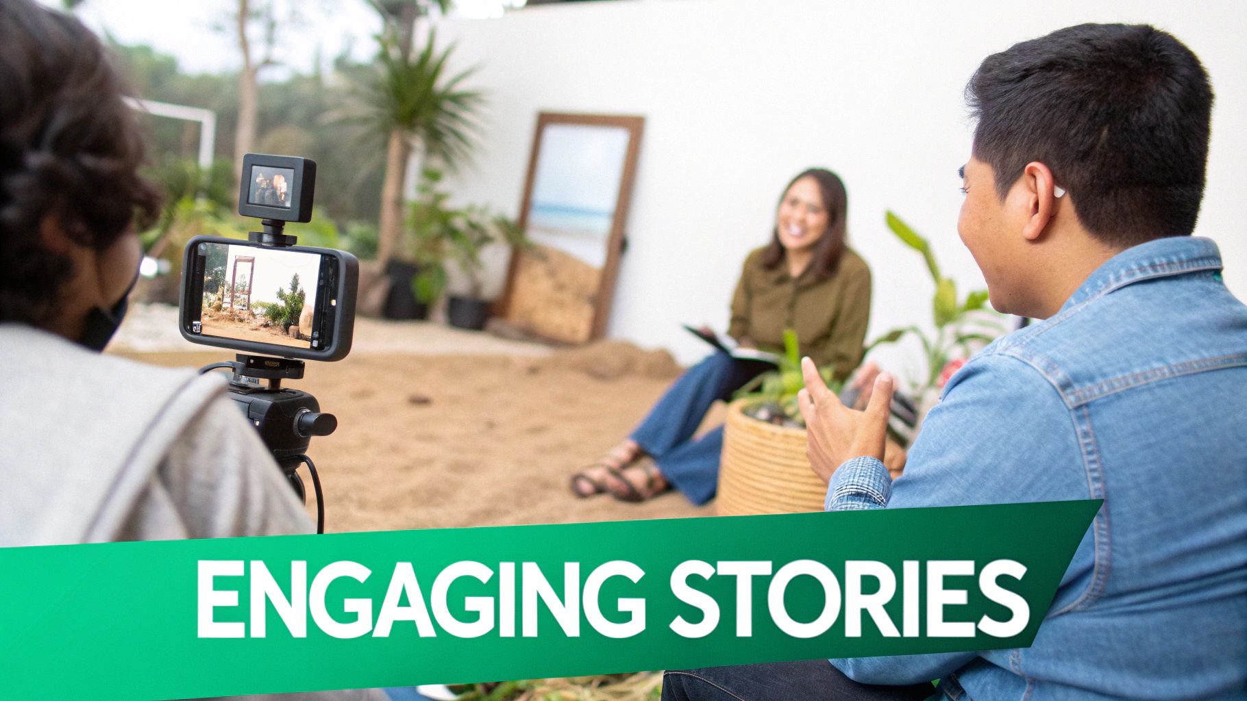People filming an interview with a smartphone camera, creating engaging stories for social media.