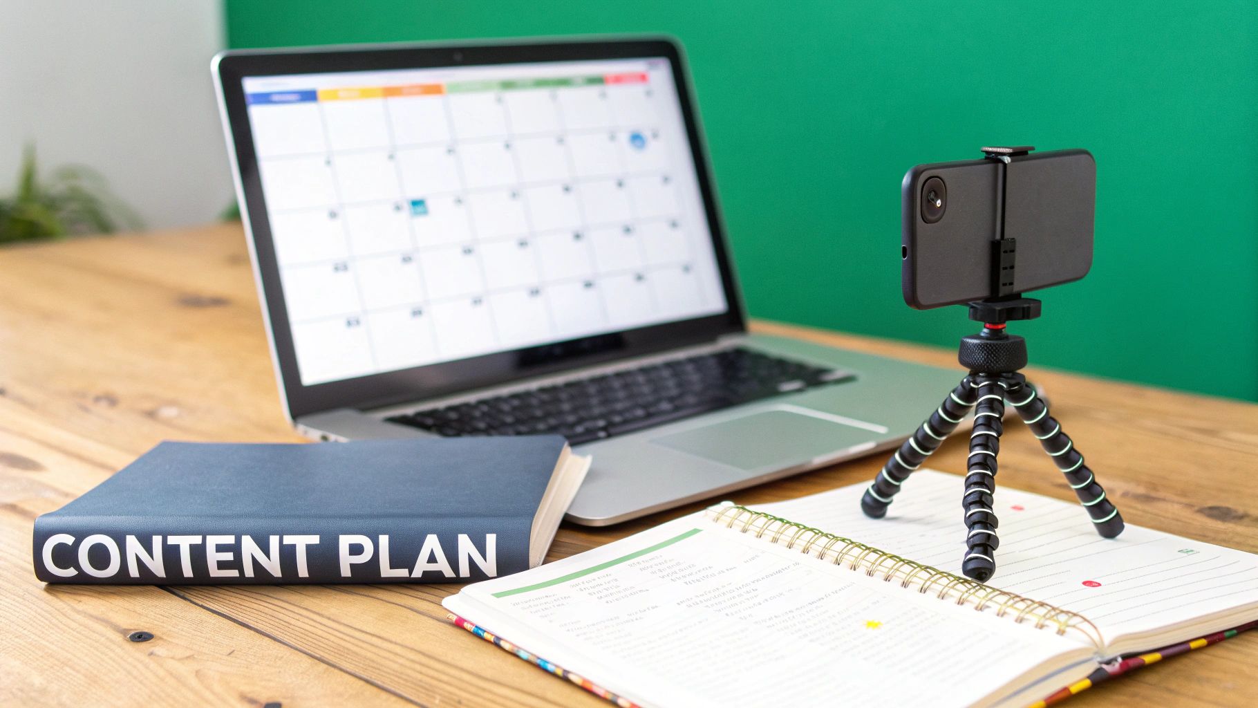 A close-up of a content creator's desk with a laptop, smartphone on a tripod, and a 