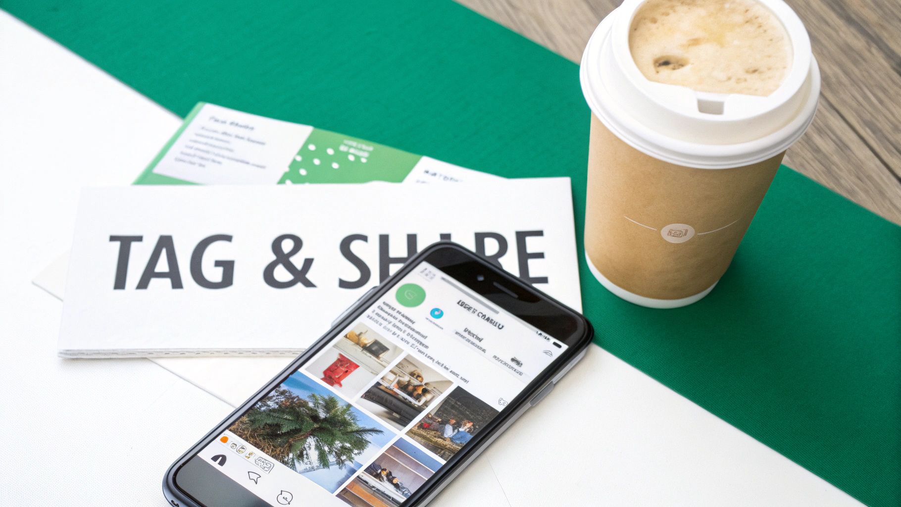 A person's hand holding a smartphone, tagging a business location in an Instagram Story.