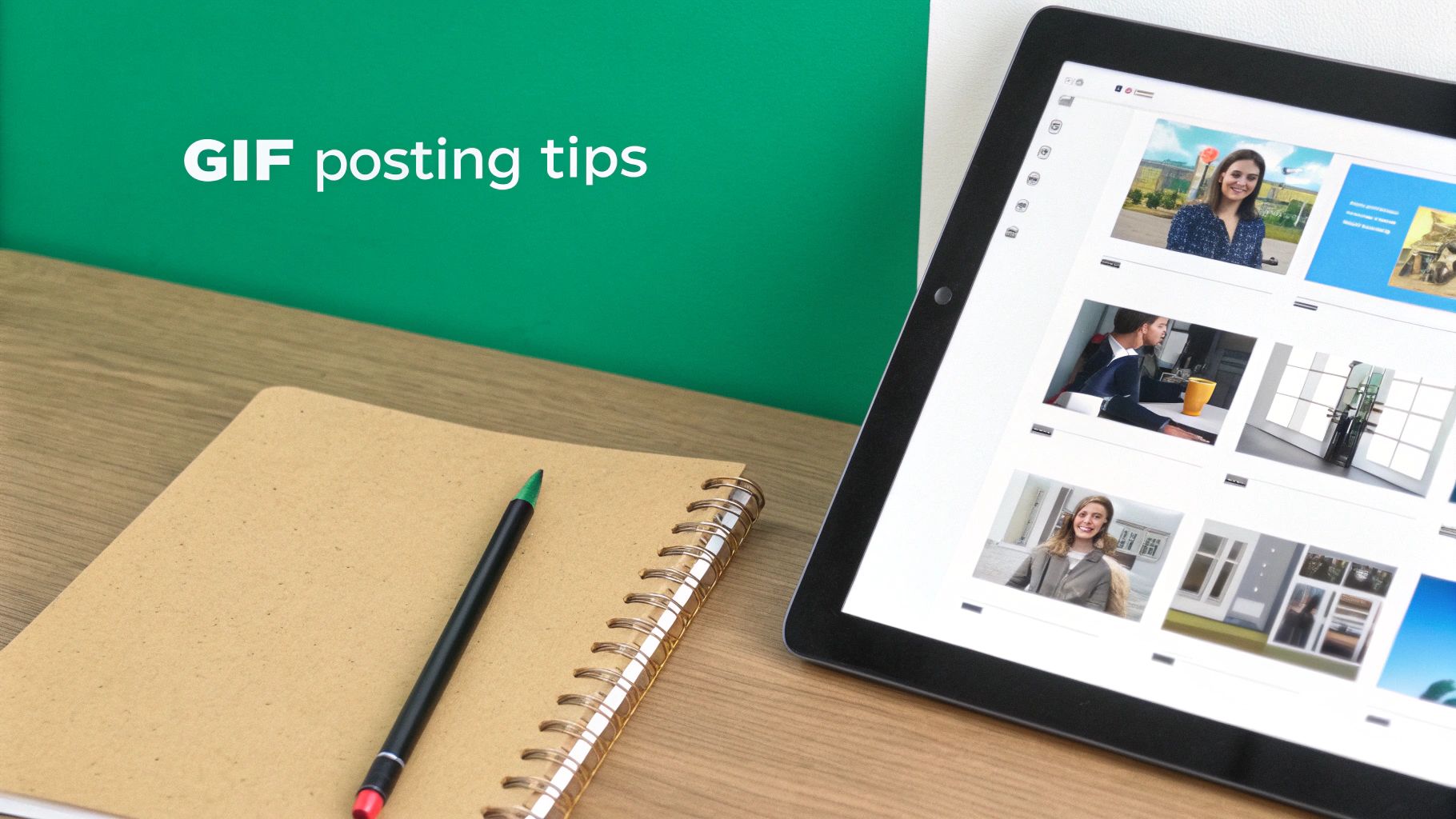 A desk setup featuring a tablet displaying images, a notebook, and 'GIF posting tips' on a green background.