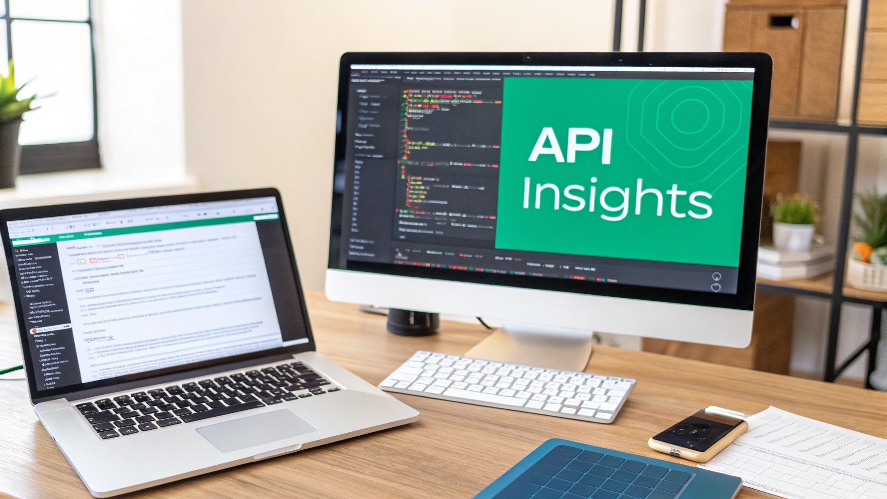 A modern tech workspace with a laptop, desktop monitor showing 'API Insights' and code.