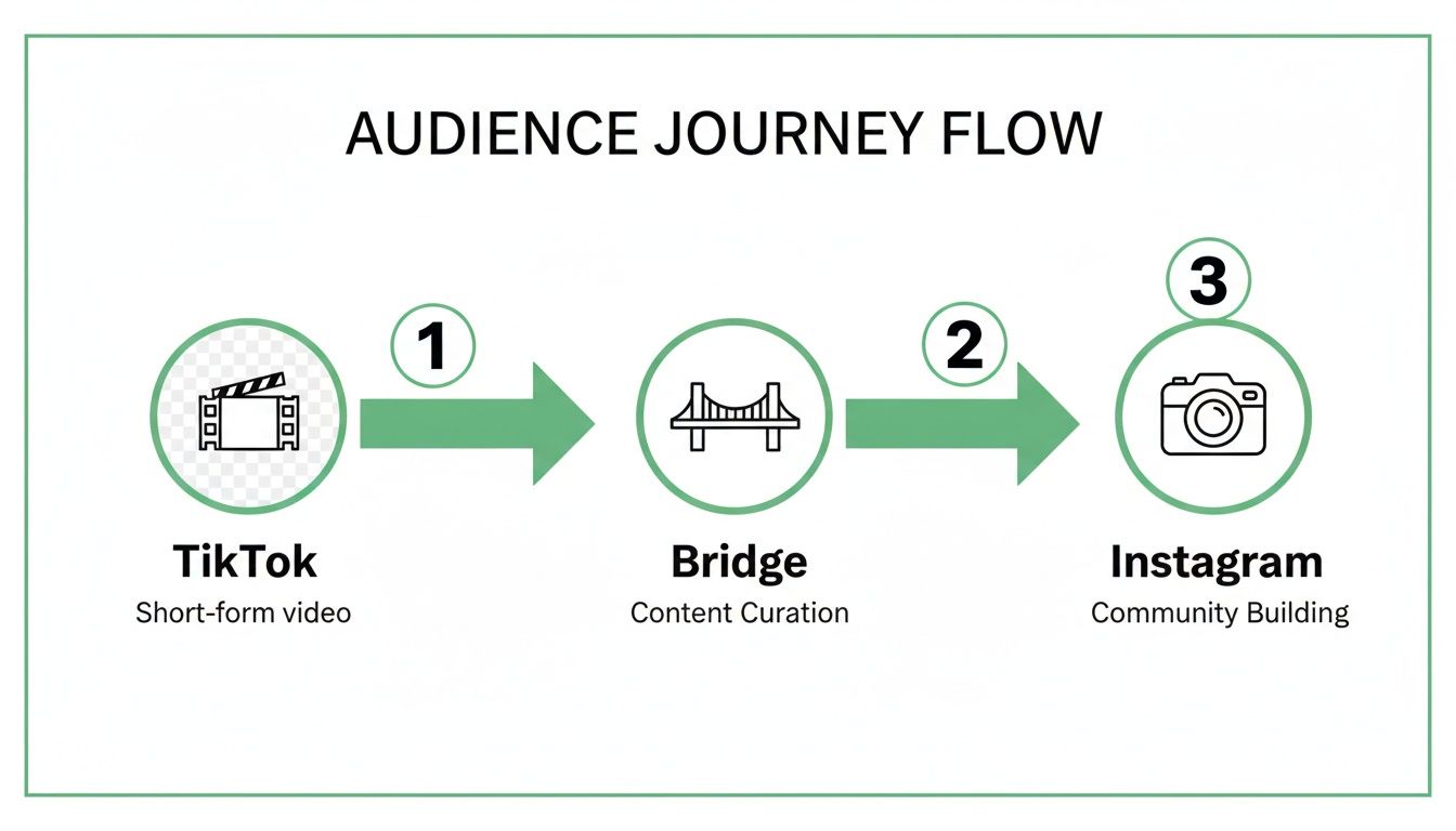 An audience journey flow showing TikTok for short-form video, bridging to Instagram for community building.