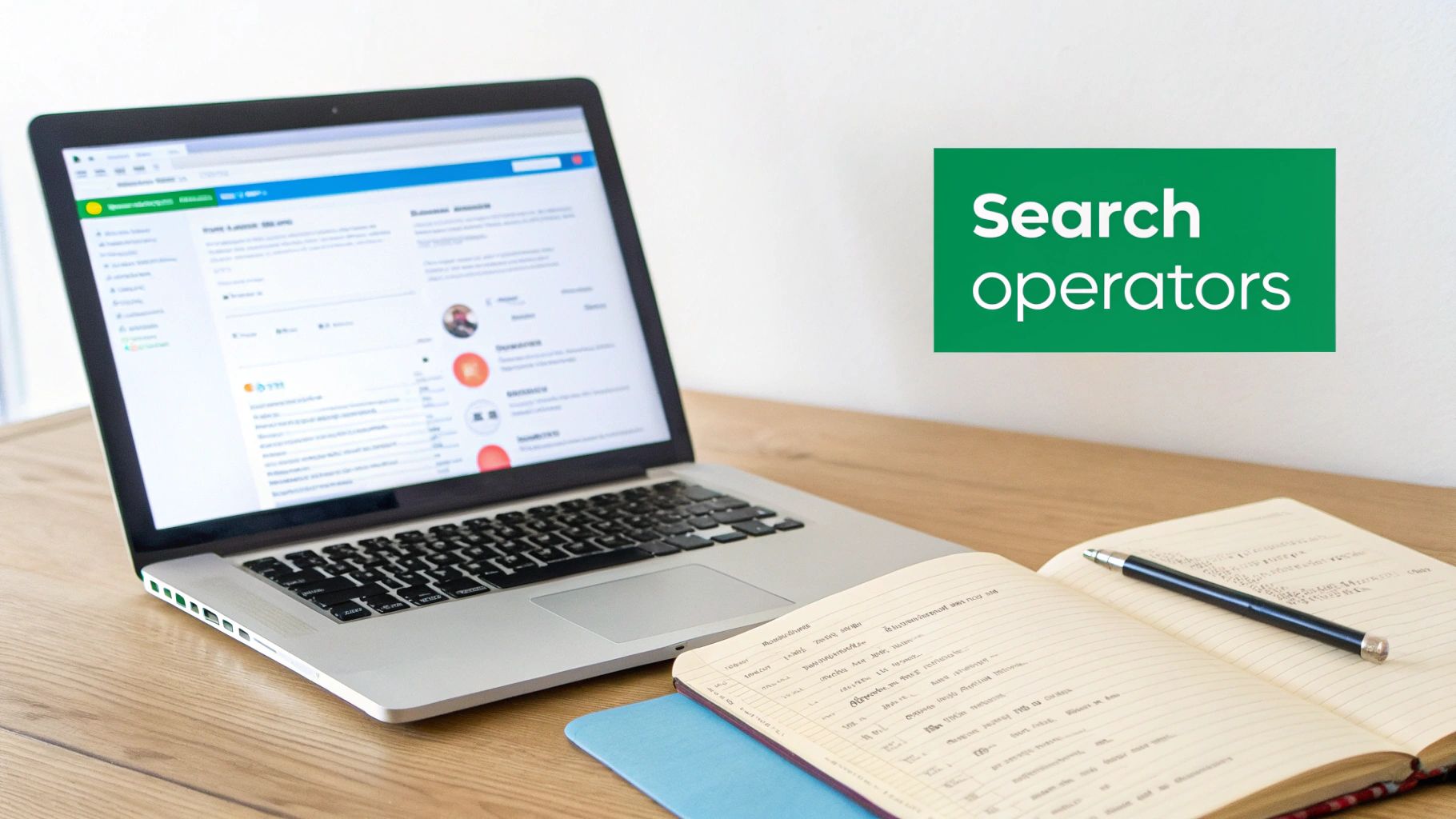 A laptop displaying a social media interface next to an open notebook with a pen, and a 'Search operators' graphic.