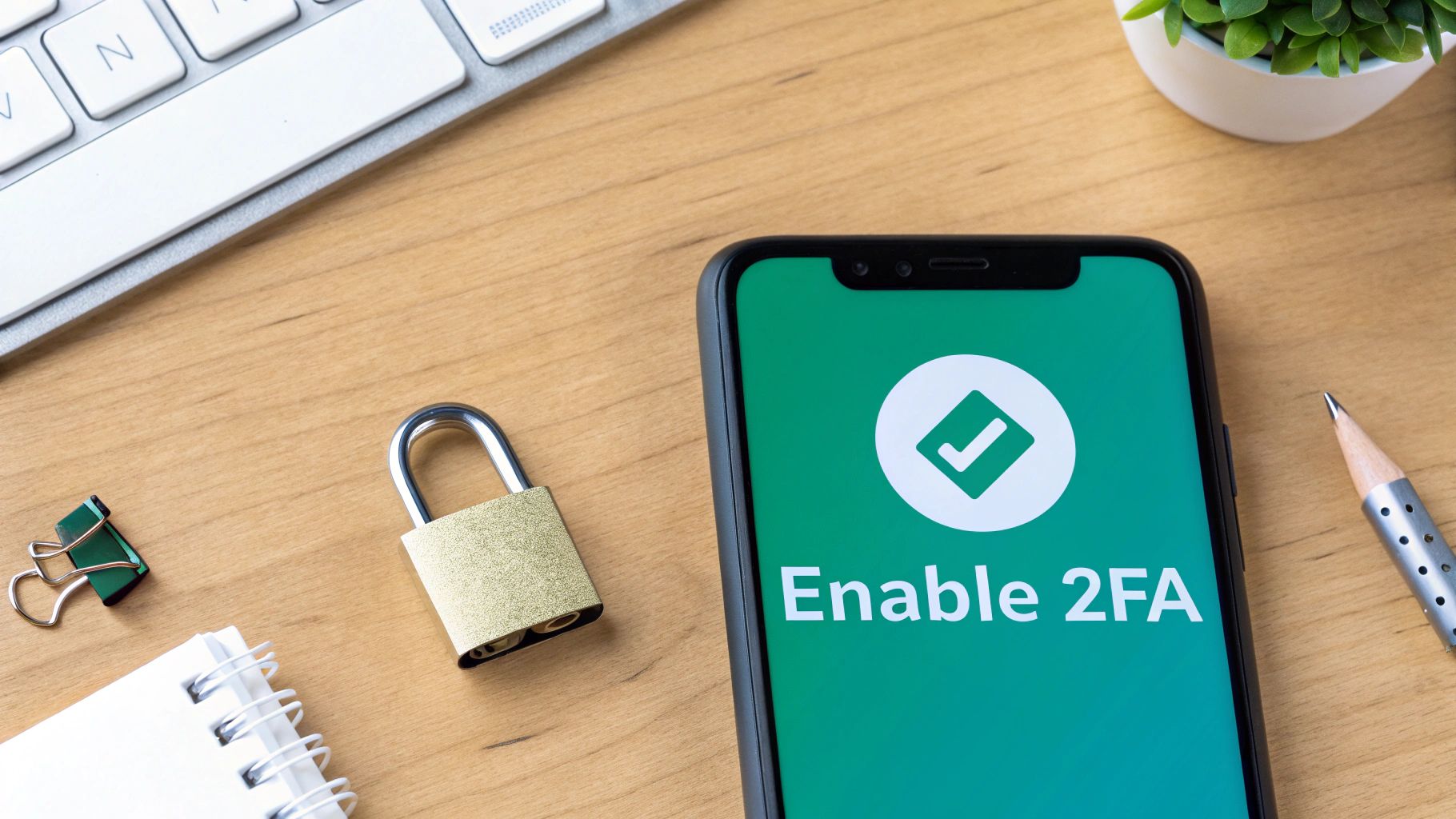 A smartphone displays 'Enable 2FA' with a checkmark icon, next to a padlock, symbolizing account security.