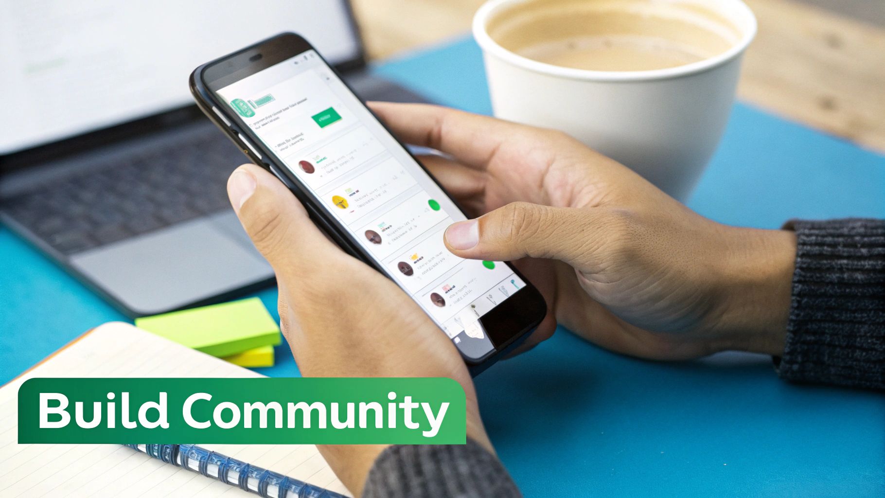 Person interacting with a community app on a smartphone, surrounded by a laptop and coffee, illustrating 'Build Community'.
