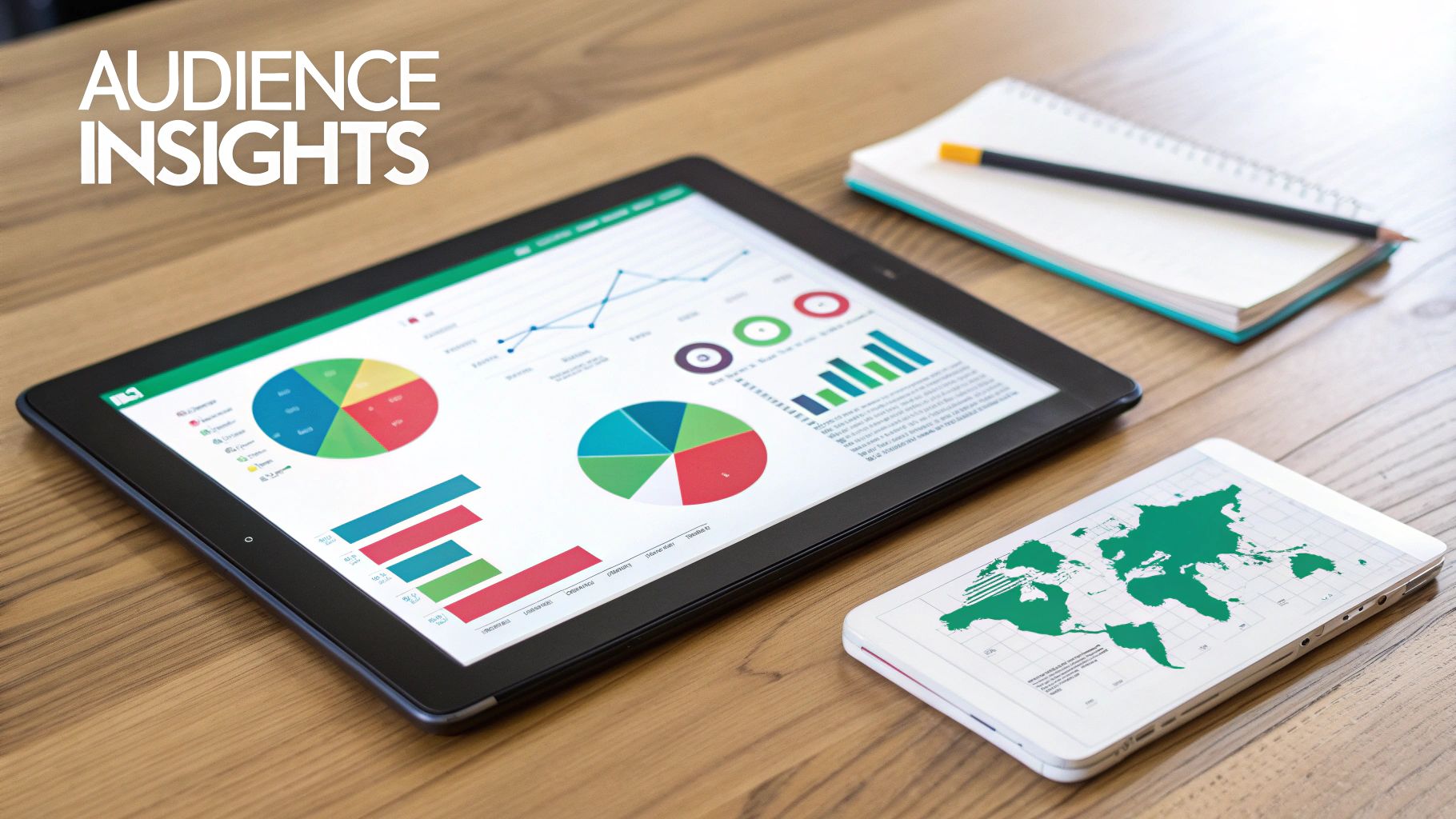 AUDIENCE INSIGHTS text over a tablet with data charts and a smartphone showing a world map.