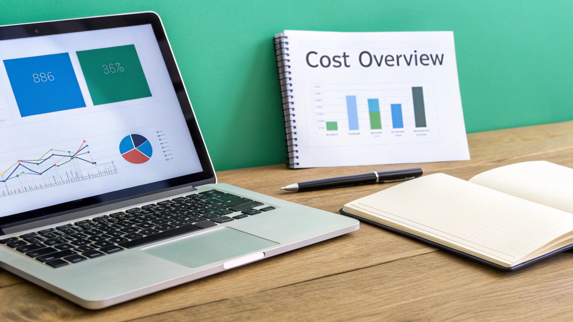 A laptop displaying financial charts and data, with a 'Cost Overview' notebook and pen on a desk.