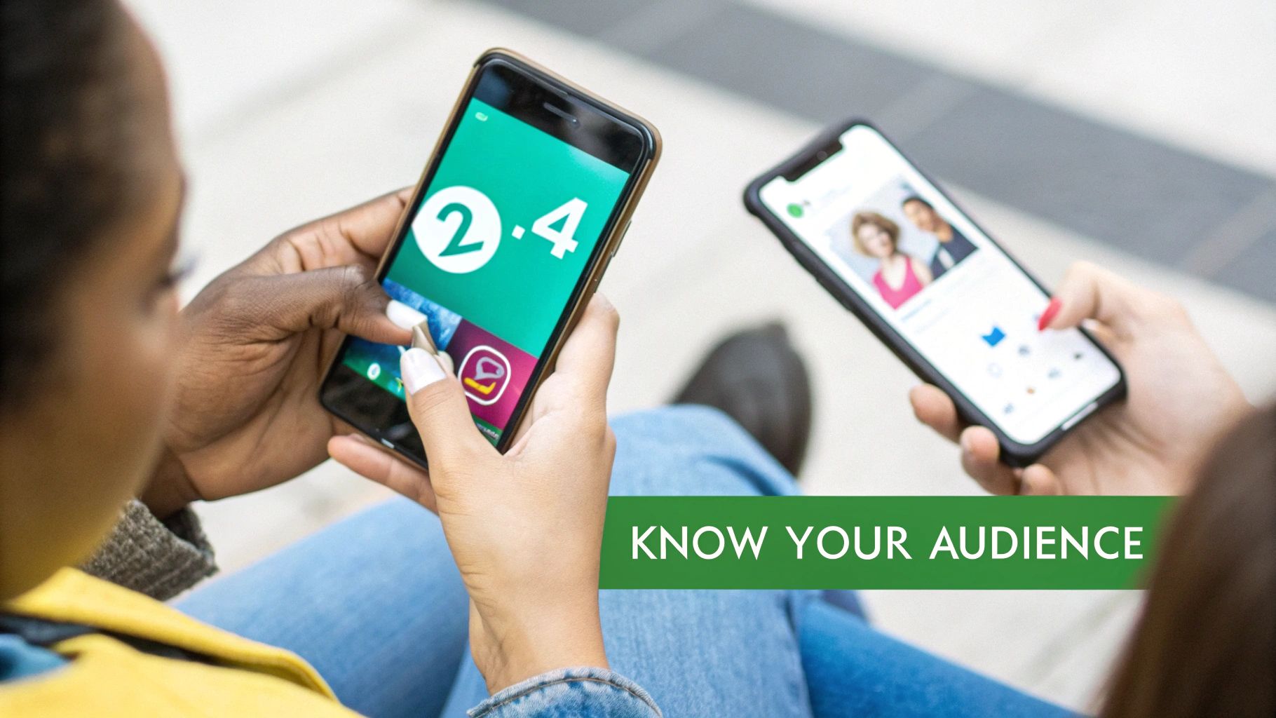 Two people using smartphones, one displaying '2.4', the other a social media feed, with 'Know Your Audience' text.