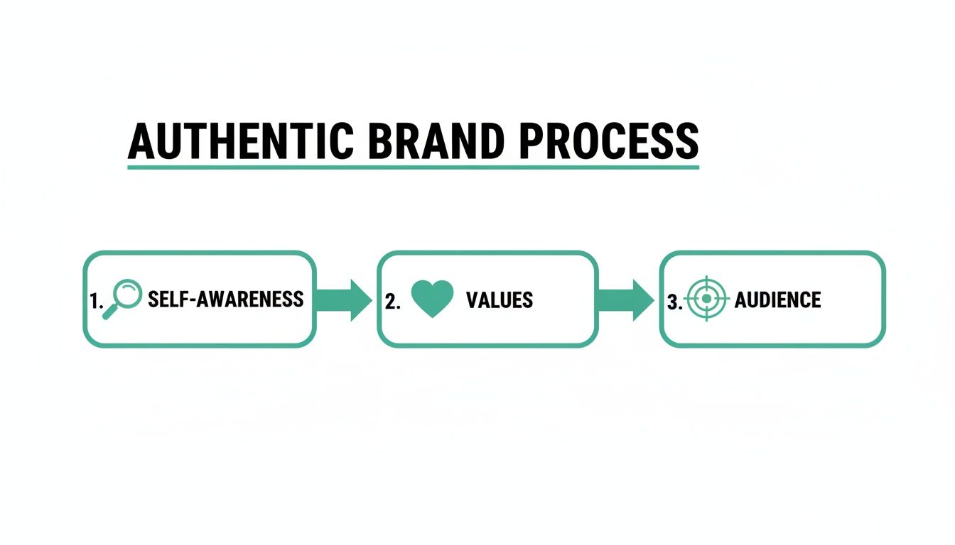 A flowchart illustrating the authentic brand process with steps: self-awareness, values, and audience.