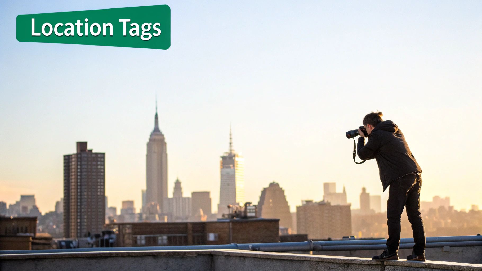 A photographer on a rooftop capturing the New York City skyline at golden hour, with 'Location Tags' text.