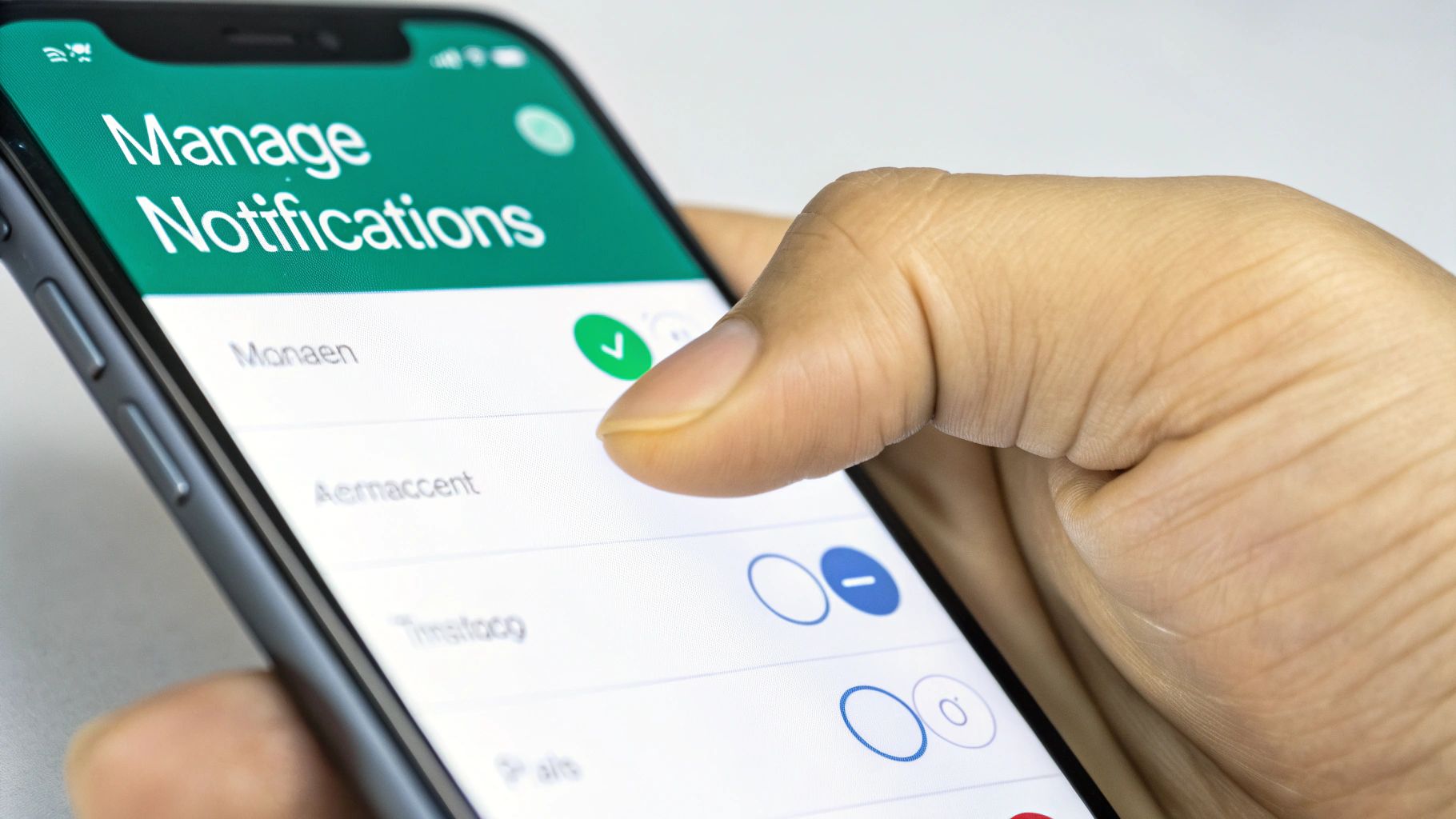 A hand holding a smartphone displaying 'Manage Notifications' screen with toggle switches for different apps.