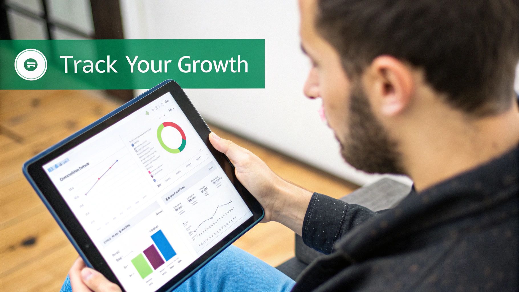 Man viewing business growth analytics dashboard with colorful charts and graphs on tablet device