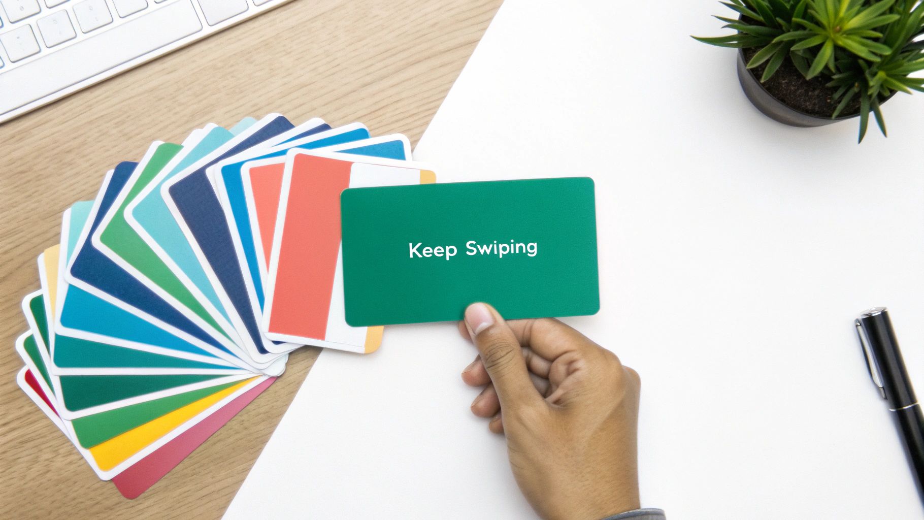 A hand holds a green card that says 'Keep Swiping', surrounded by a fan of colorful cards on a desk.