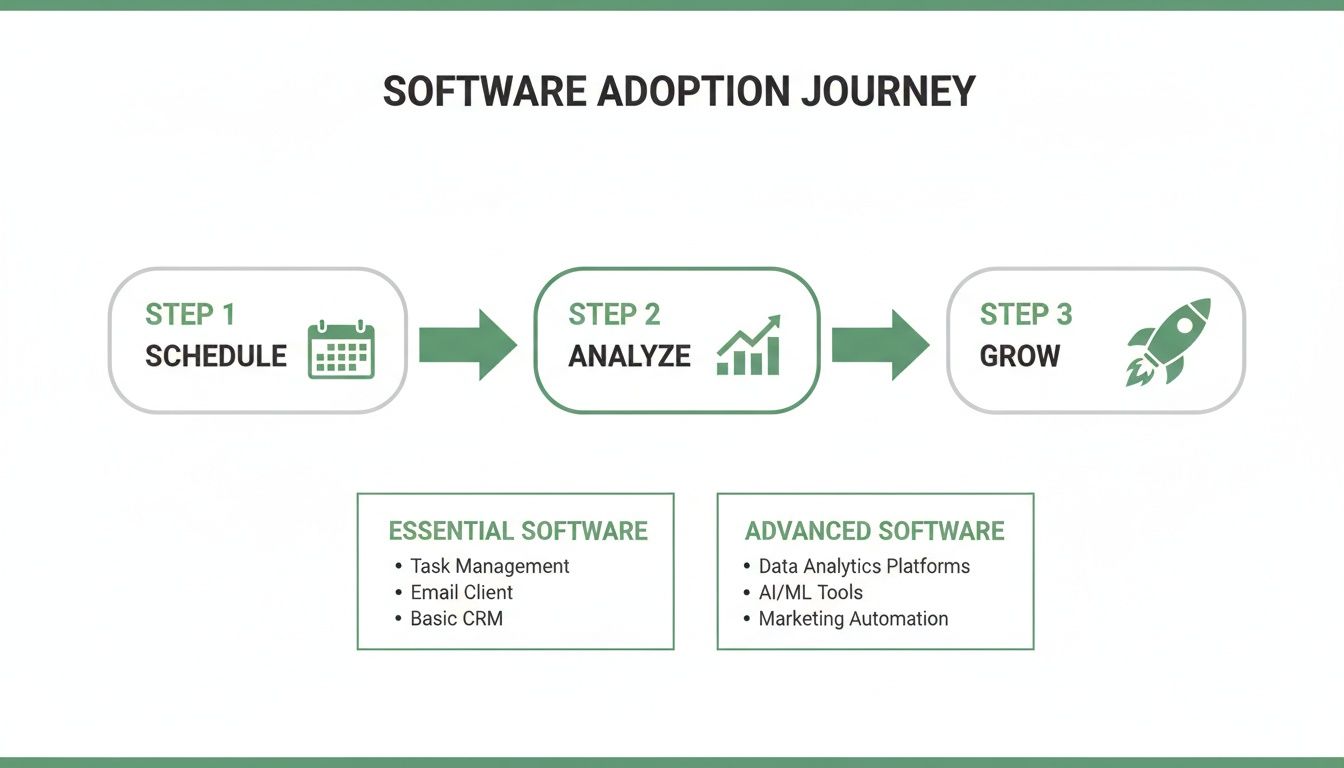 Infographic illustrating a three-step software adoption journey: Schedule, Analyze, Grow, with essential and advanced software categories.