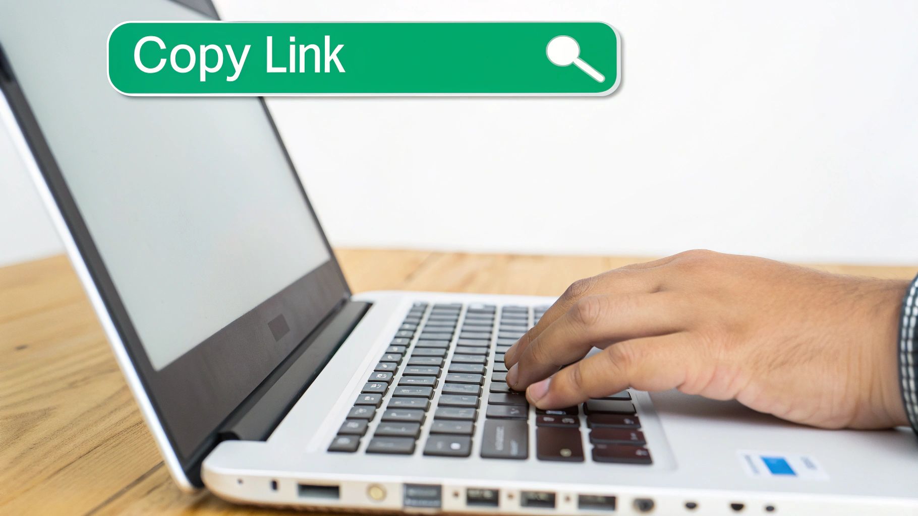 A hand typing on a laptop keyboard with a green search bar overlay displaying 'Copy Link' and a magnifying glass.