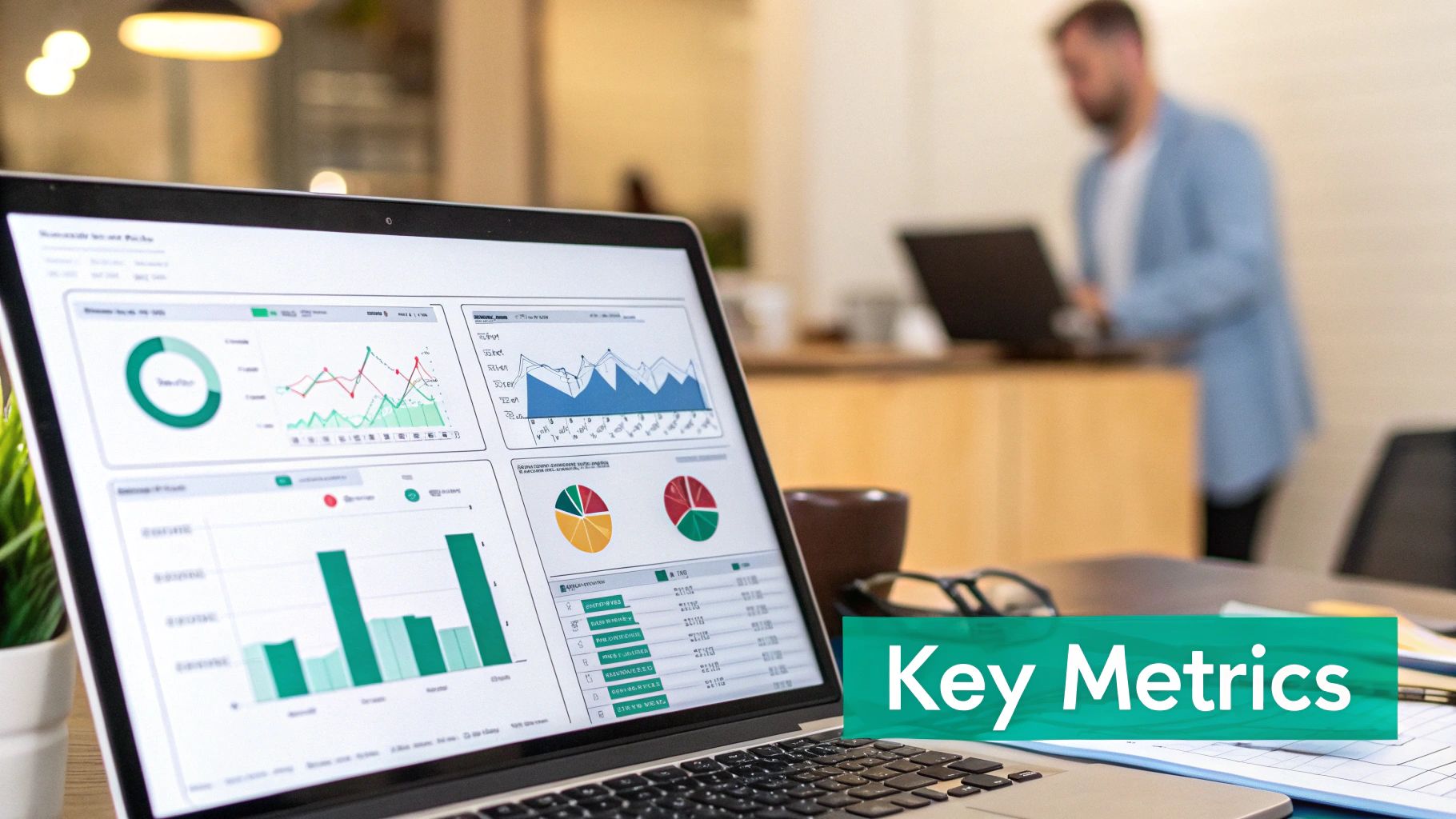 A person analyzes a digital marketing dashboard on a tablet, showing graphs for CAC, CLV, and conversion rates.
