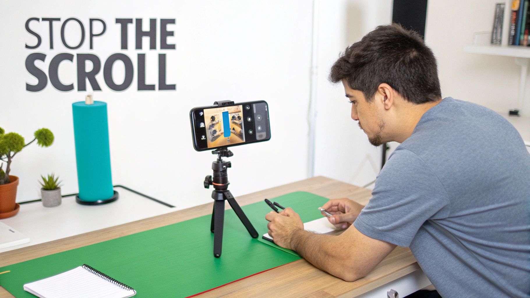 Man records content on a smartphone mounted on a tripod at a desk with a green mat, promoting engagement.