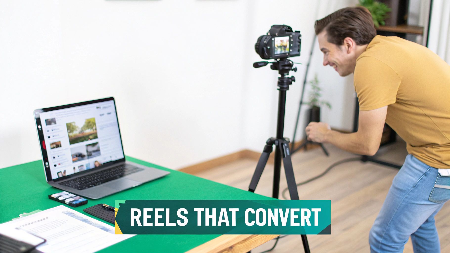 A man smiles while filming video content with a camera on a tripod, with a laptop nearby.