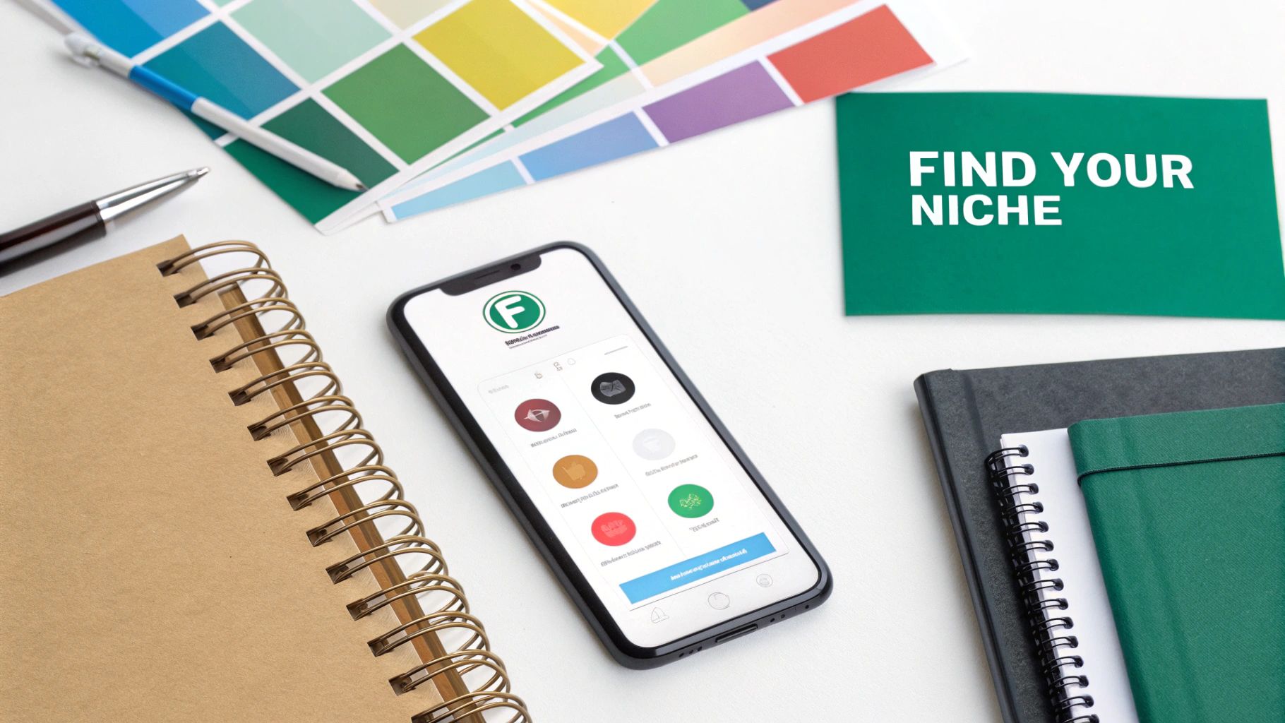Overhead view of a creative workspace with a smartphone, color palettes, notebooks, and a 'FIND YOUR NICHE' card.