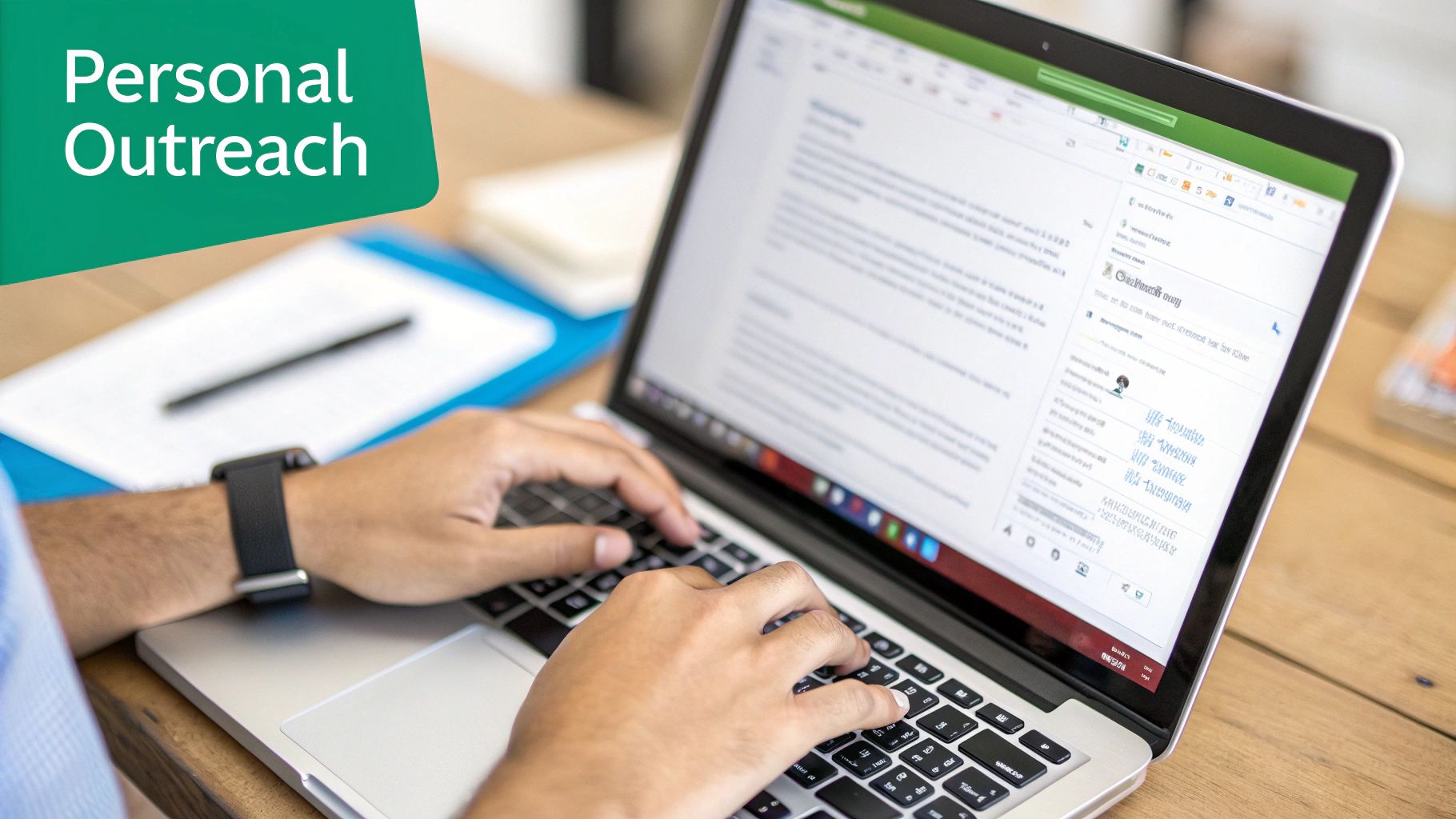 Close-up of hands typing on a laptop, displaying 'Personal Outreach' on a green banner.