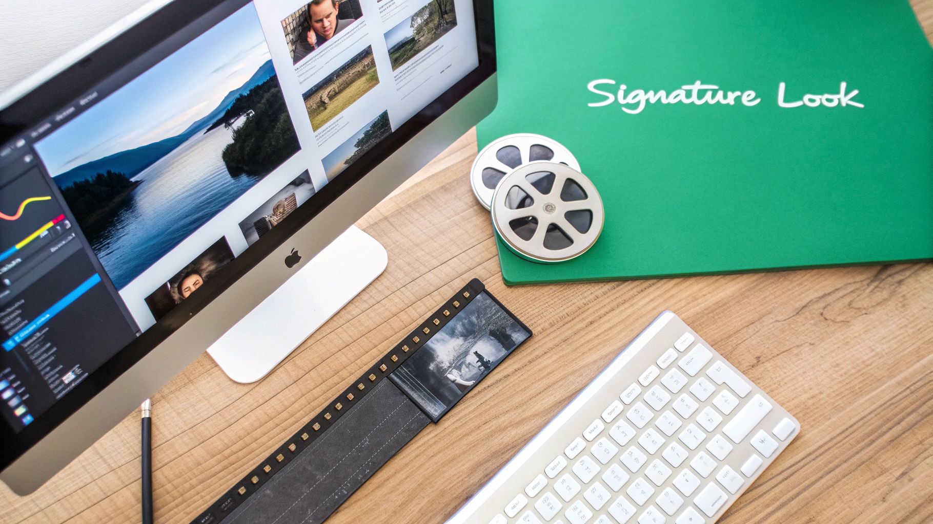 A top-down view of a photography workspace with an iMac, keyboard, film reels, and a green folder.