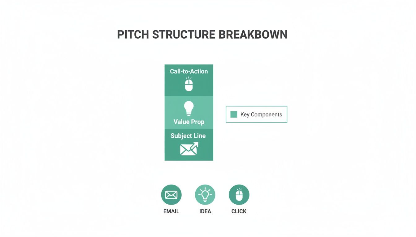 Diagram illustrating pitch structure breakdown with key components including call-to-action, value prop, and subject line.