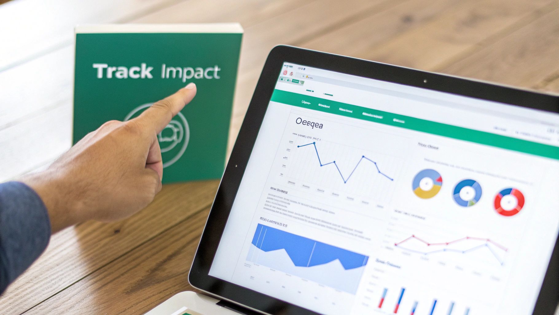 A hand points to a 'Track Impact' box, with a laptop showing analytics and data visualizations.