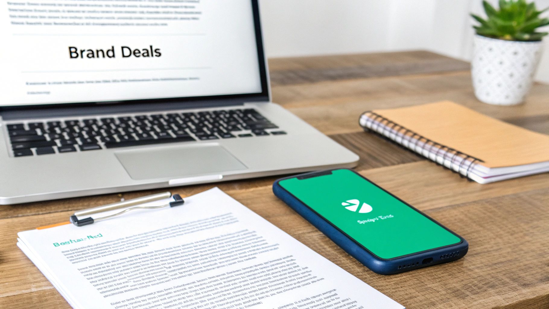 A professional desk setup featuring a laptop displaying 'Brand Deals', a smartphone, and documents.