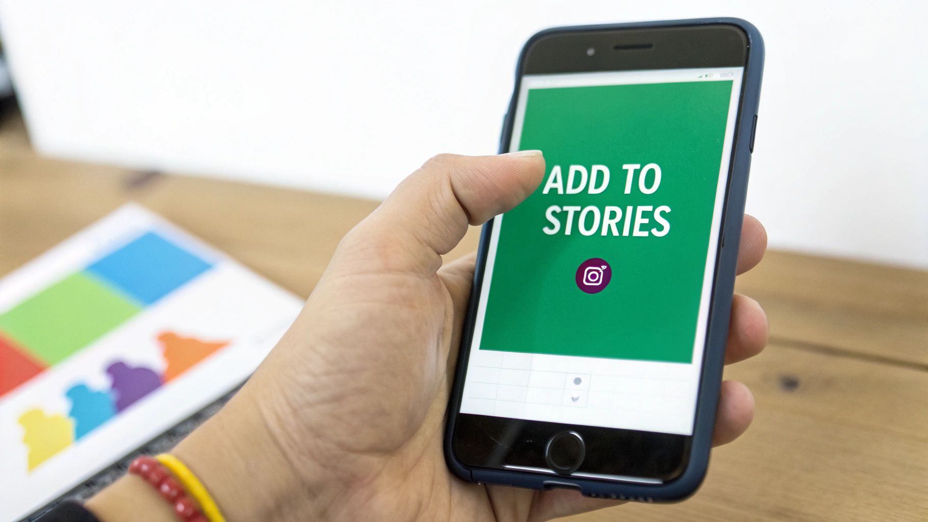 A hand holding a smartphone showing a custom sticker being placed onto an Instagram Story canvas.