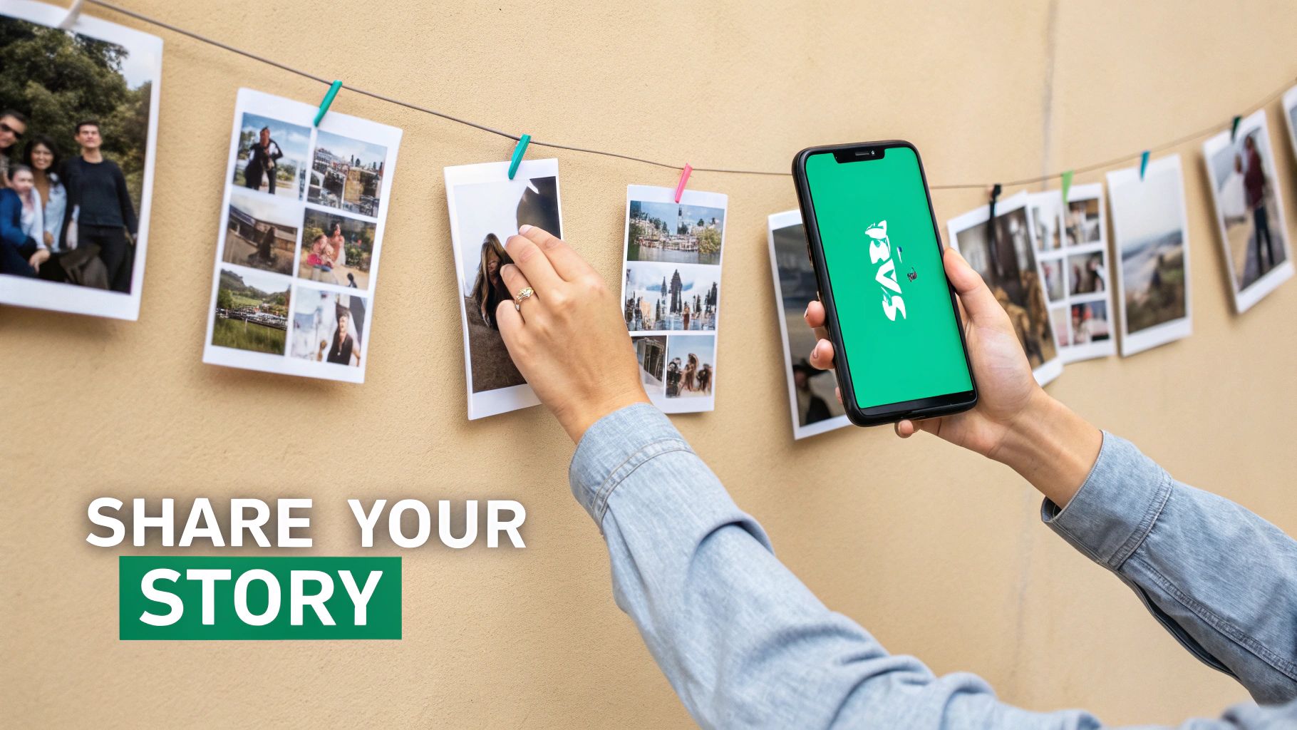 Person's hands sharing memories, clipping a photo to a string while holding a smartphone with a green app screen.