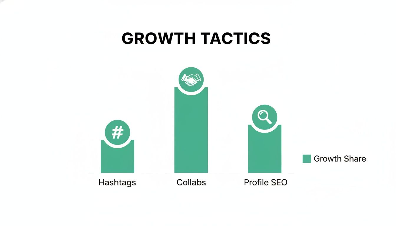 Bar chart illustrating growth tactics with 'Collabs' showing the highest share, followed by 'Profile SEO' and 'Hashtags'.