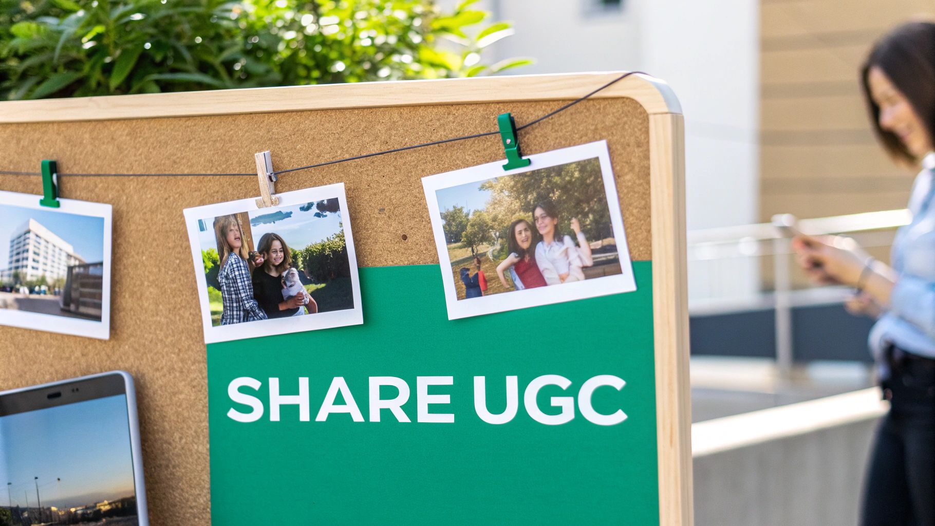 Cork bulletin board with photos clipped to string and green Share UGC banner displayed