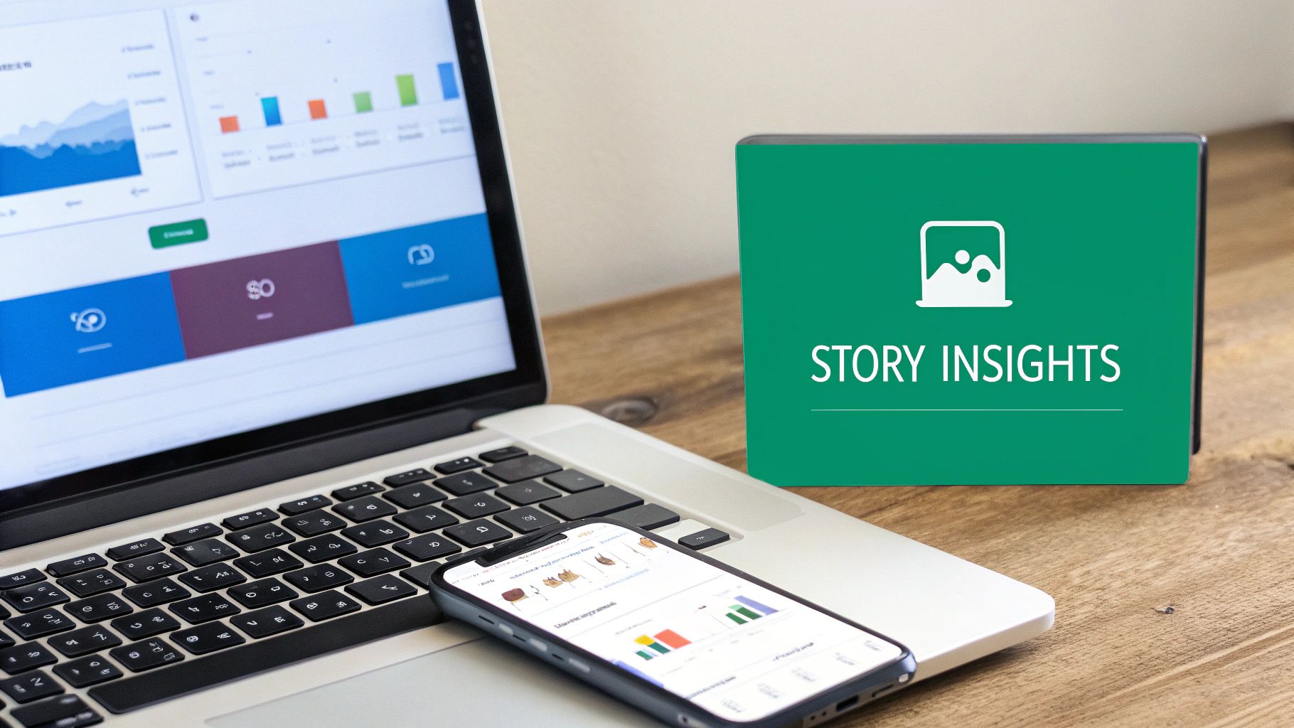 Laptop and smartphone displaying data analytics and charts, next to a 'Story Insights' display.