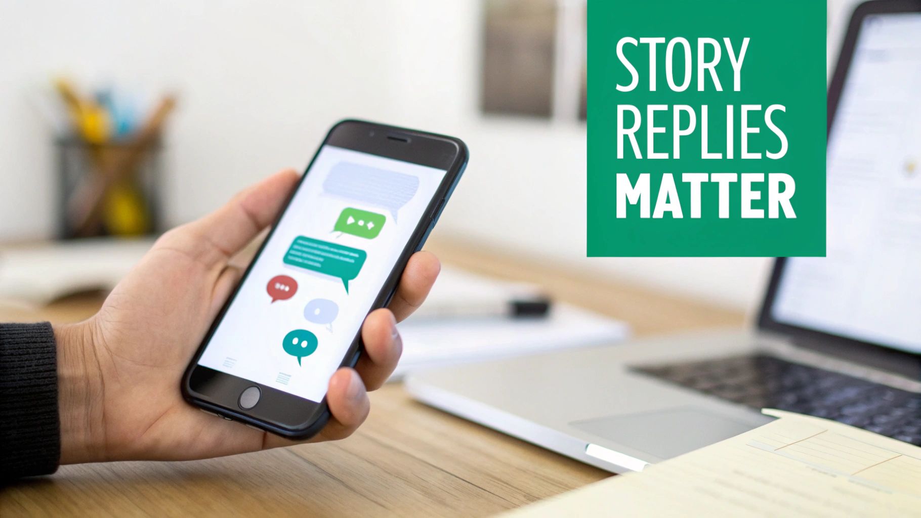 A hand holds a smartphone displaying chat bubbles next to a banner stating 'STORY REPLIES MATTER'.
