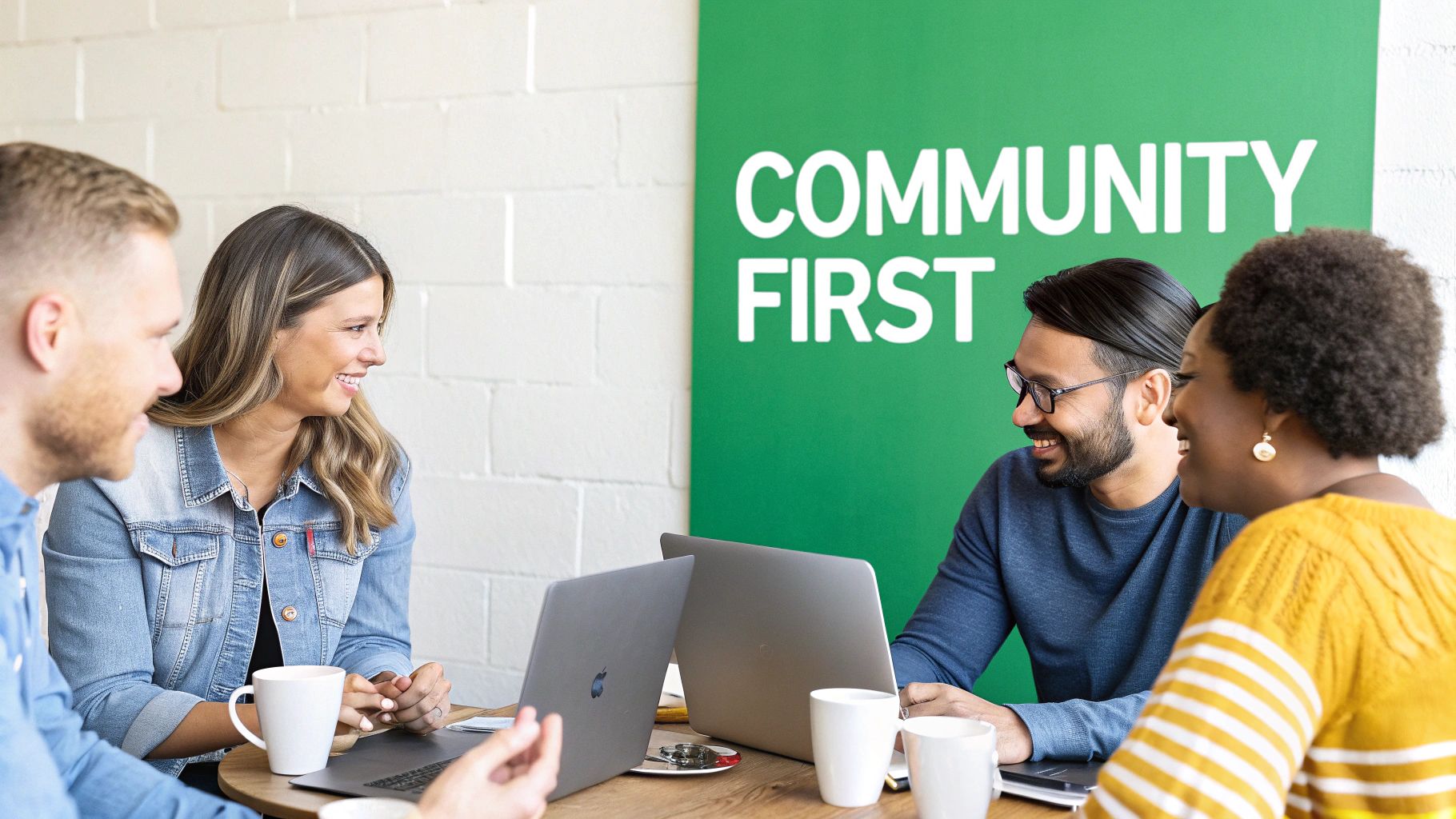 Four diverse colleagues smiling and collaborating around a table with laptops and coffee mugs, with a 'COMMUNITY FIRST' sign.