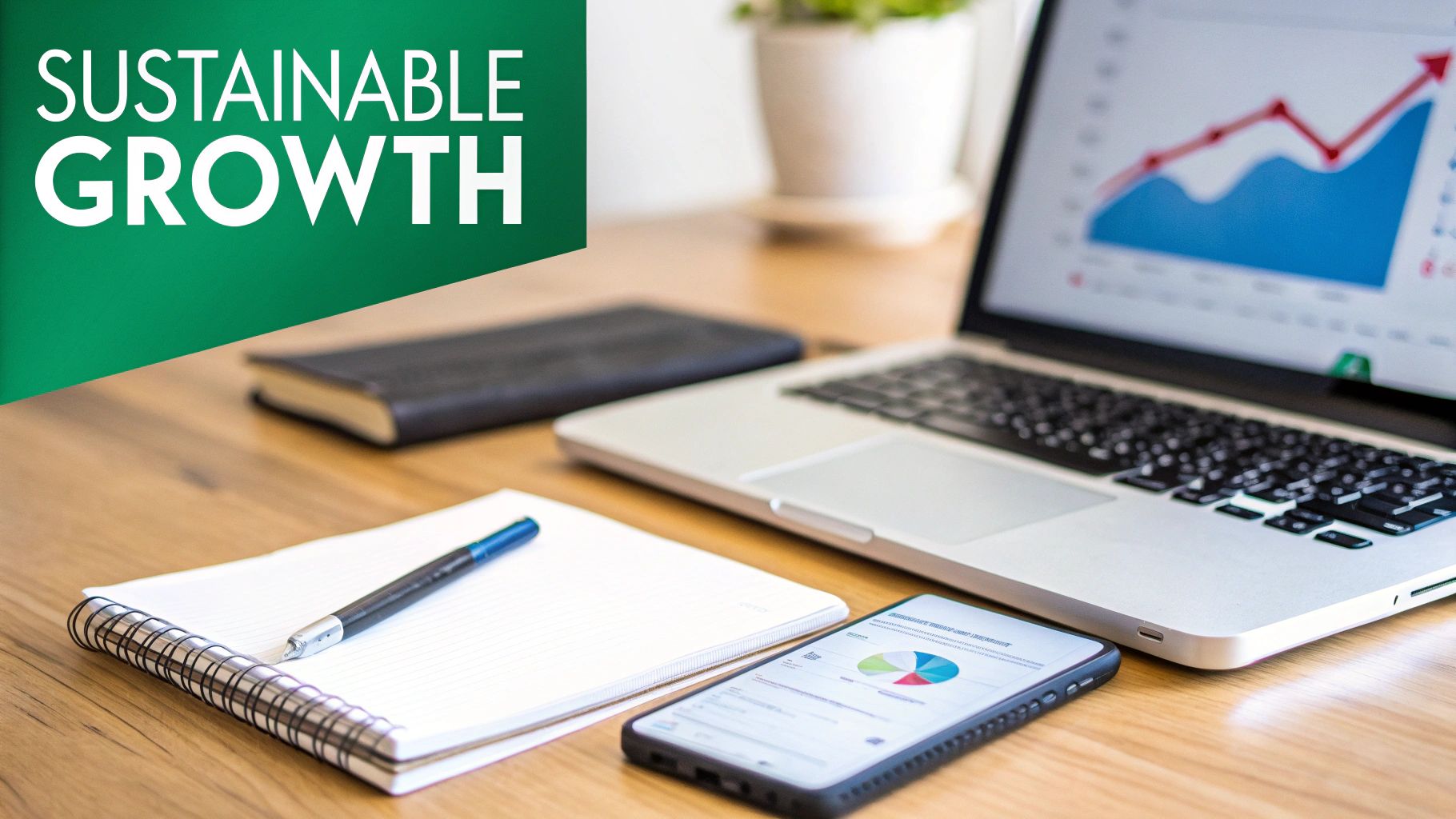 Office desk with laptop showing financial charts, phone, and notebook, with 'Sustainable Growth' text.