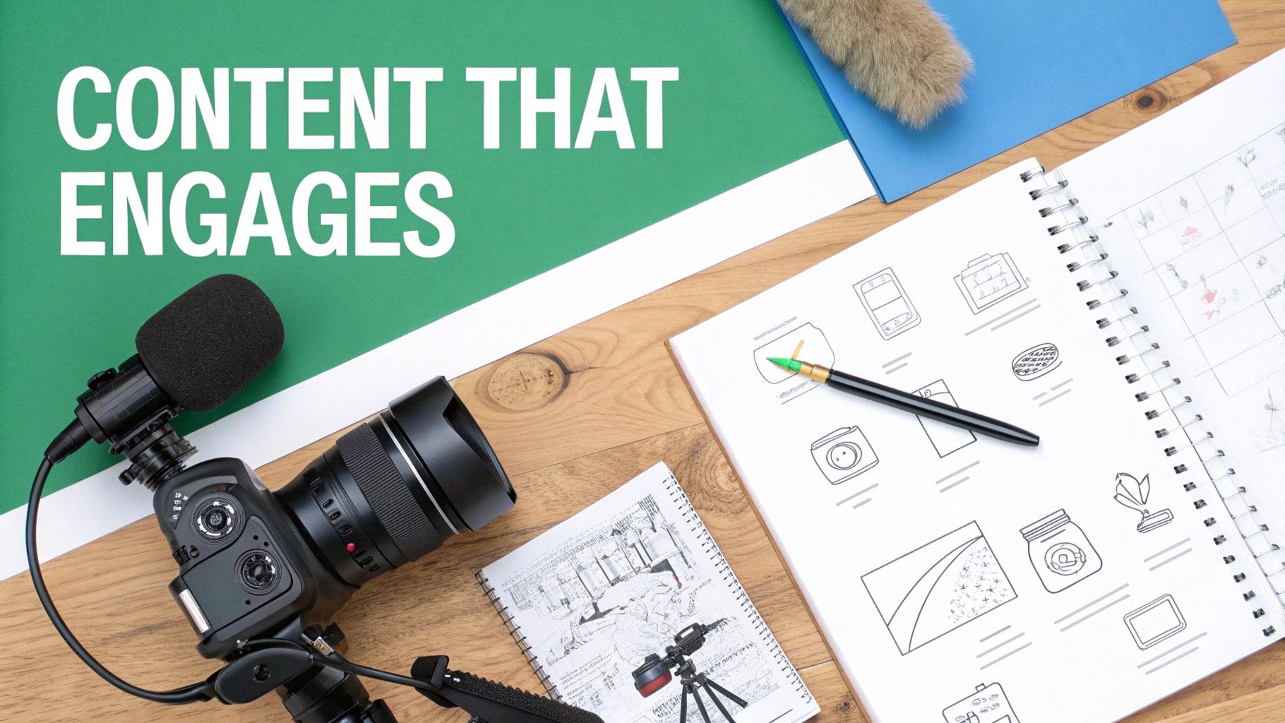 A flat lay of content creation tools including a camera with a microphone, notebooks, and a pen on a wooden desk.
