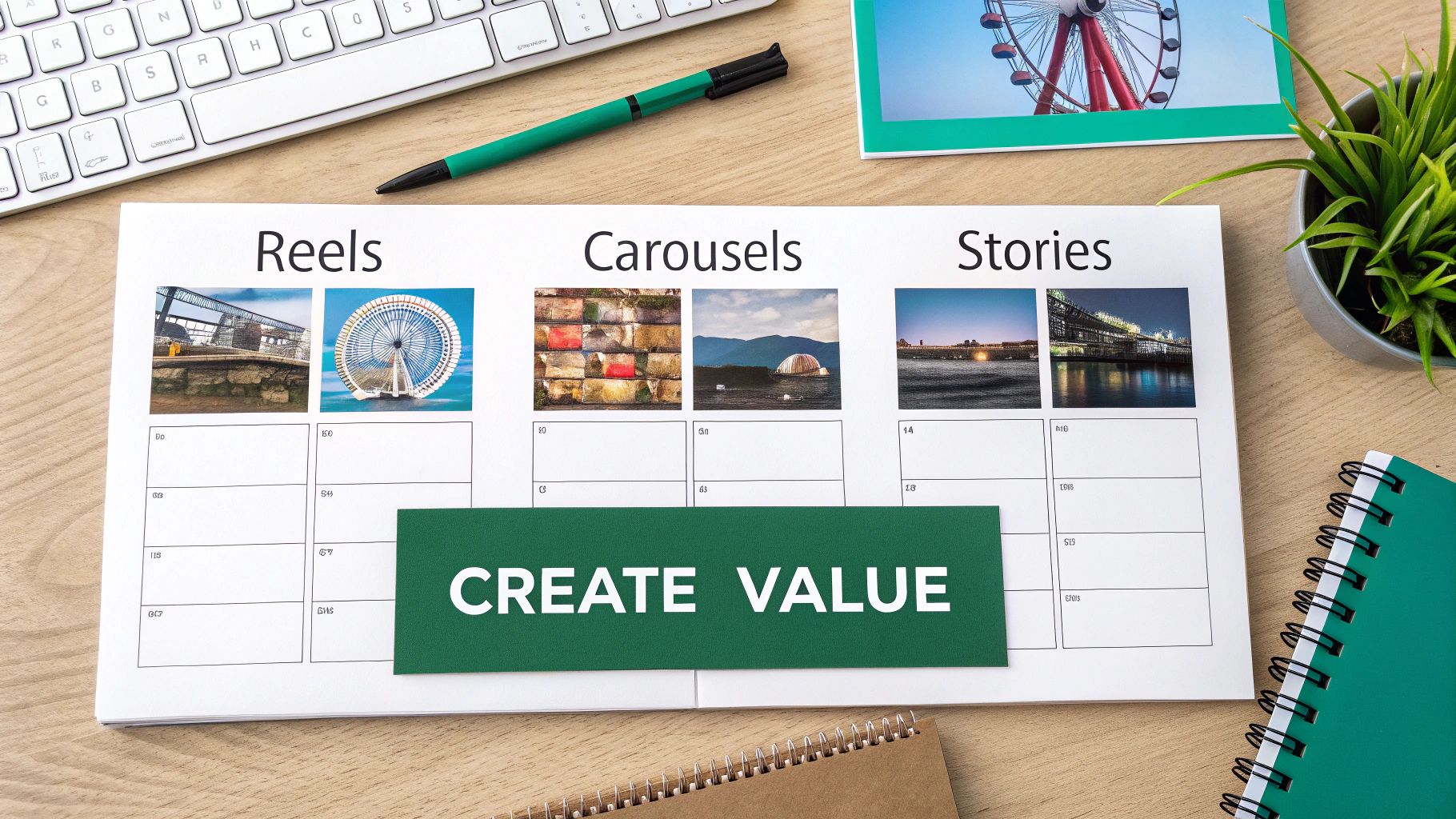 Social media content planning sheet showing reels, carousels, and stories with create value banner