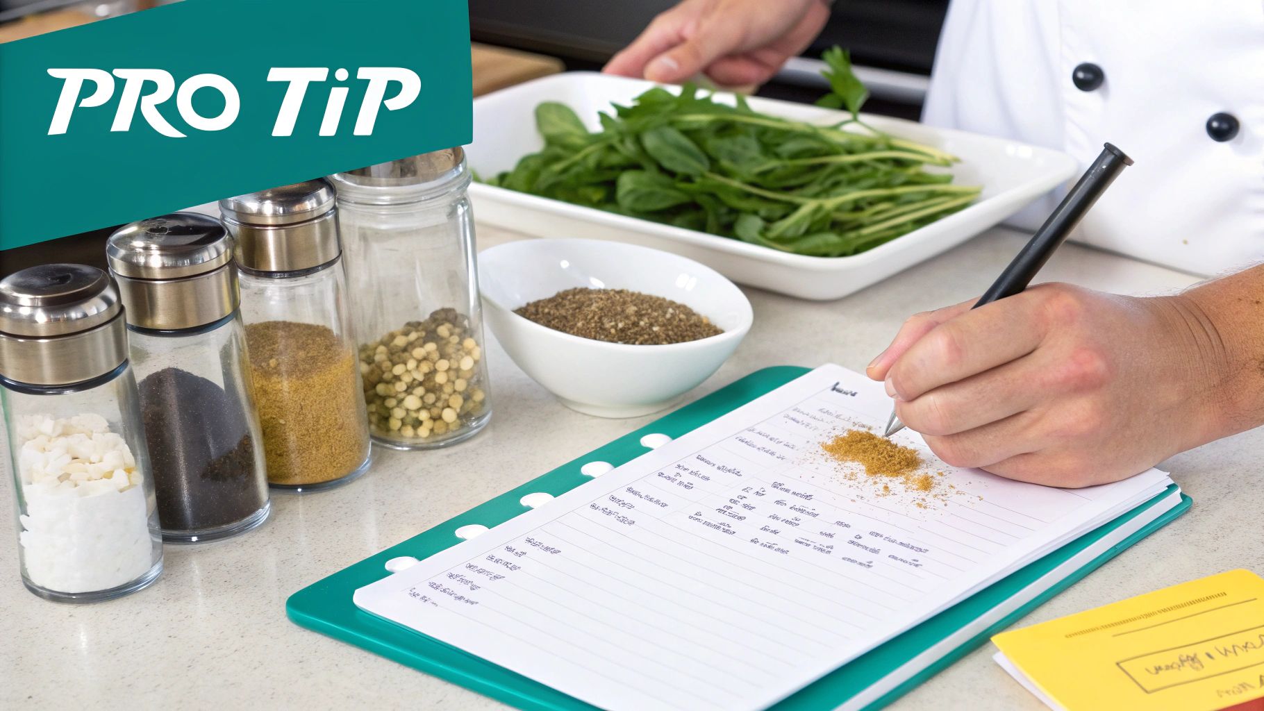 Close-up of a chef writing a recipe next to a bowl of greens, with a 'PRO TIP' banner.